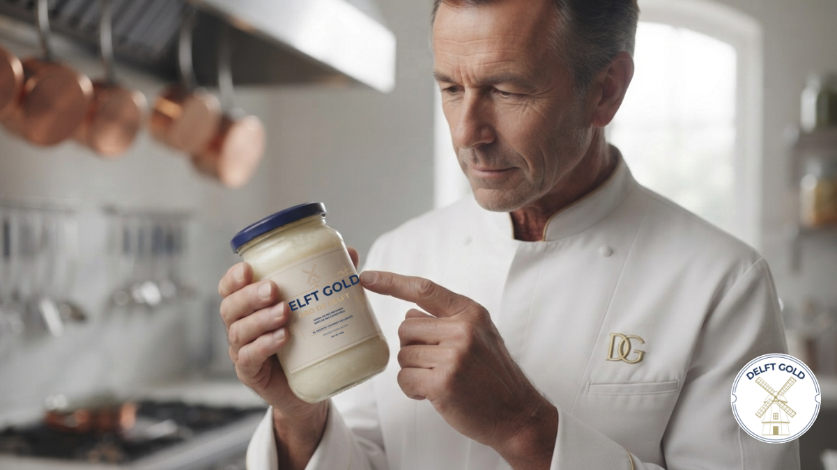 A chef in a white uniform examining a jar of Elft Gold butter in a modern kitchen.