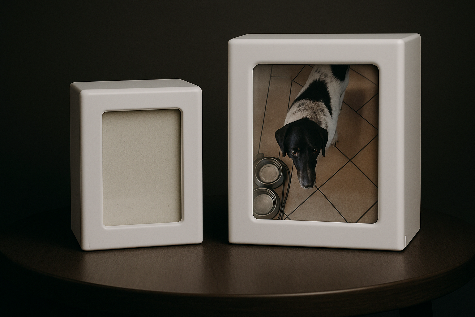 Deluxe White Painted Solid Wooden Cuboid Ashes Urn with Photo Front & Sliding Base – Small & Medium Options