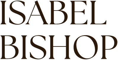 Text with the name 'ISABEL BISHOP' in large dark brown letters on a black background.