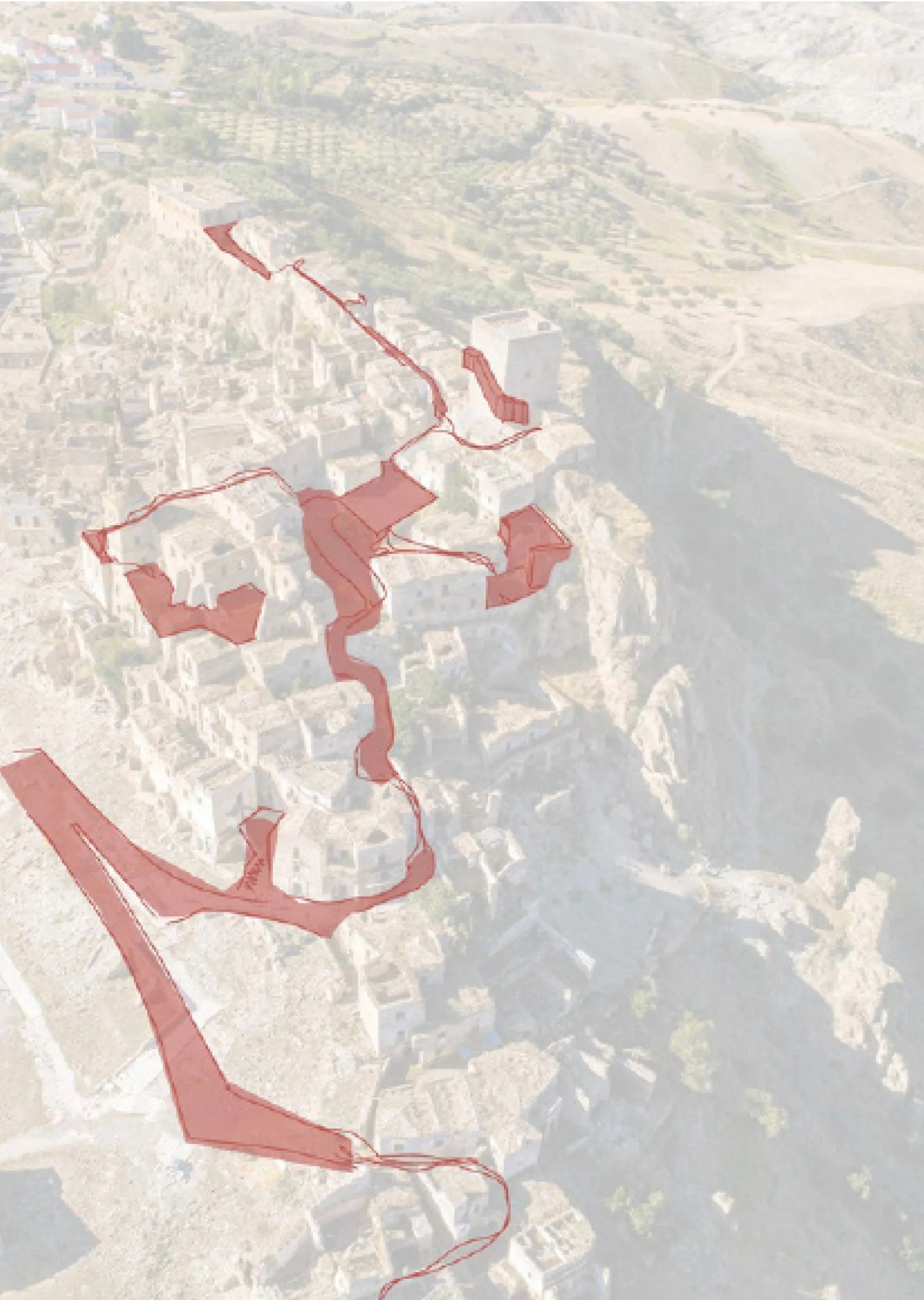 Aerial view of a city with a river on the right side. A hiking trail marked in red is visible winding through residential and natural areas.
