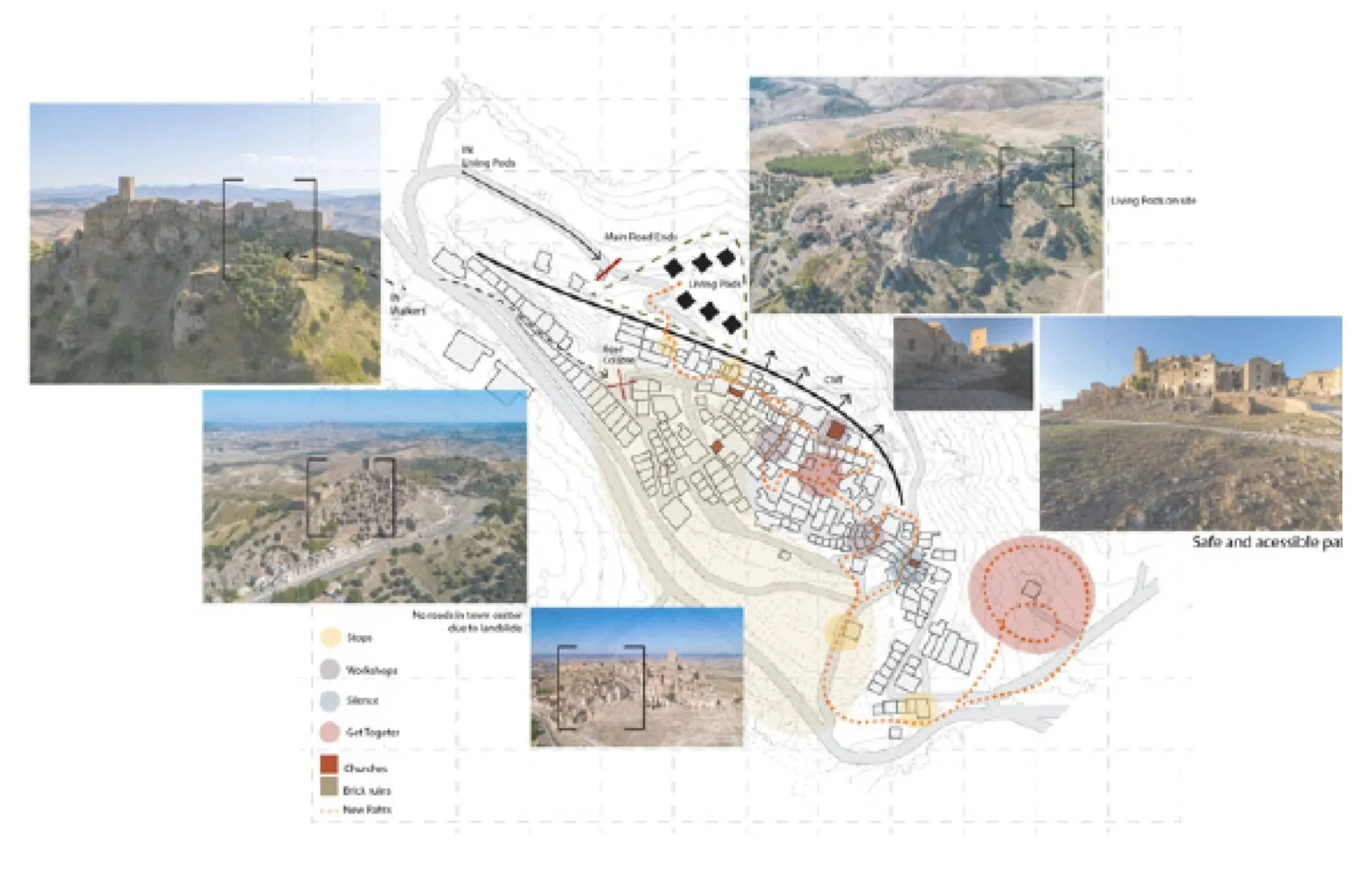 Image showing a landscape map, with inset aerial photos of a historical site on a hilltop, including buildings and walls, and a diagram of land features and suggested development areas.