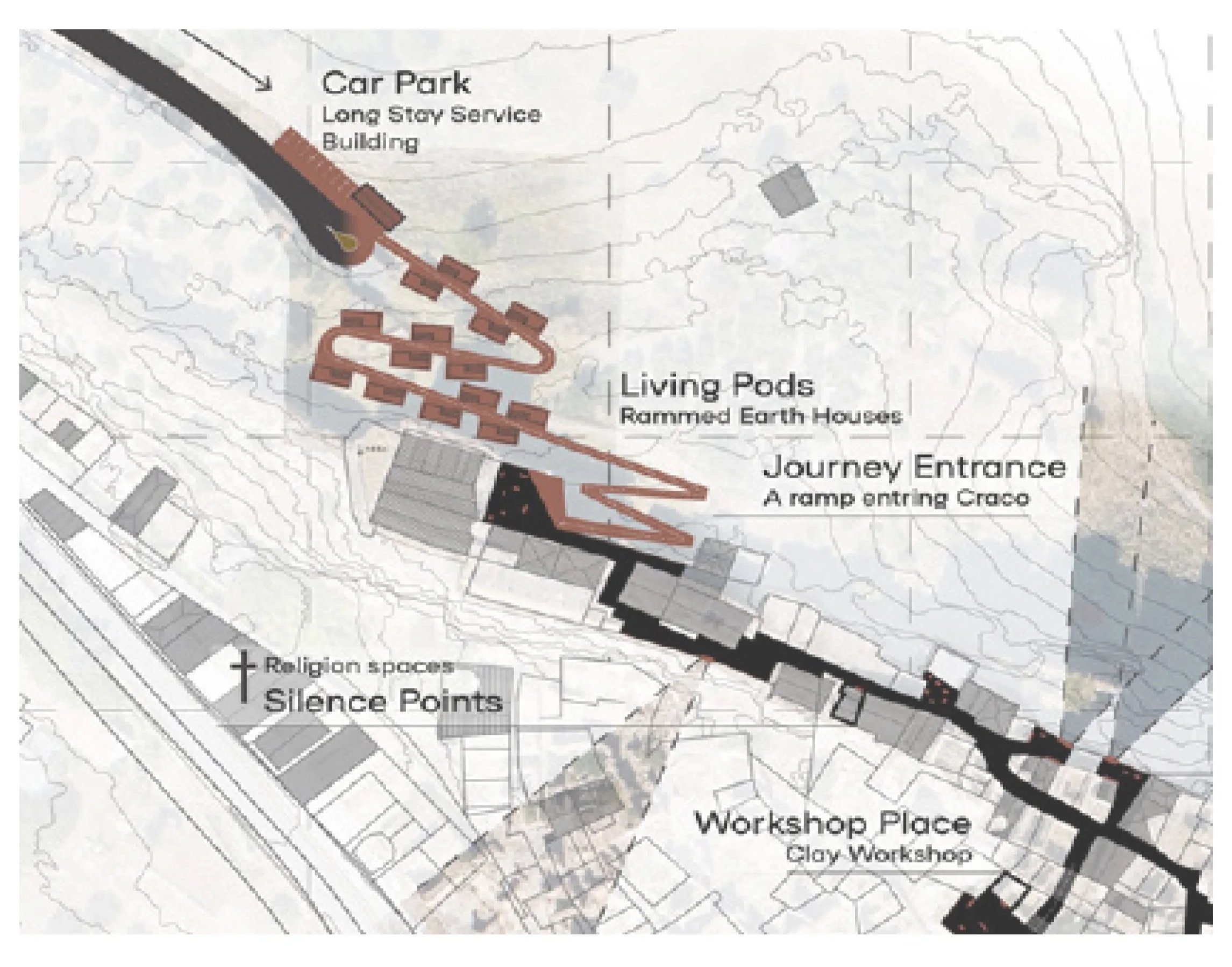 Map layout showing a car park, living pods with rammed earth houses, a journey entrance with a ramp entering Graco, religious spaces, silence points, a workshop place, and a chapel.