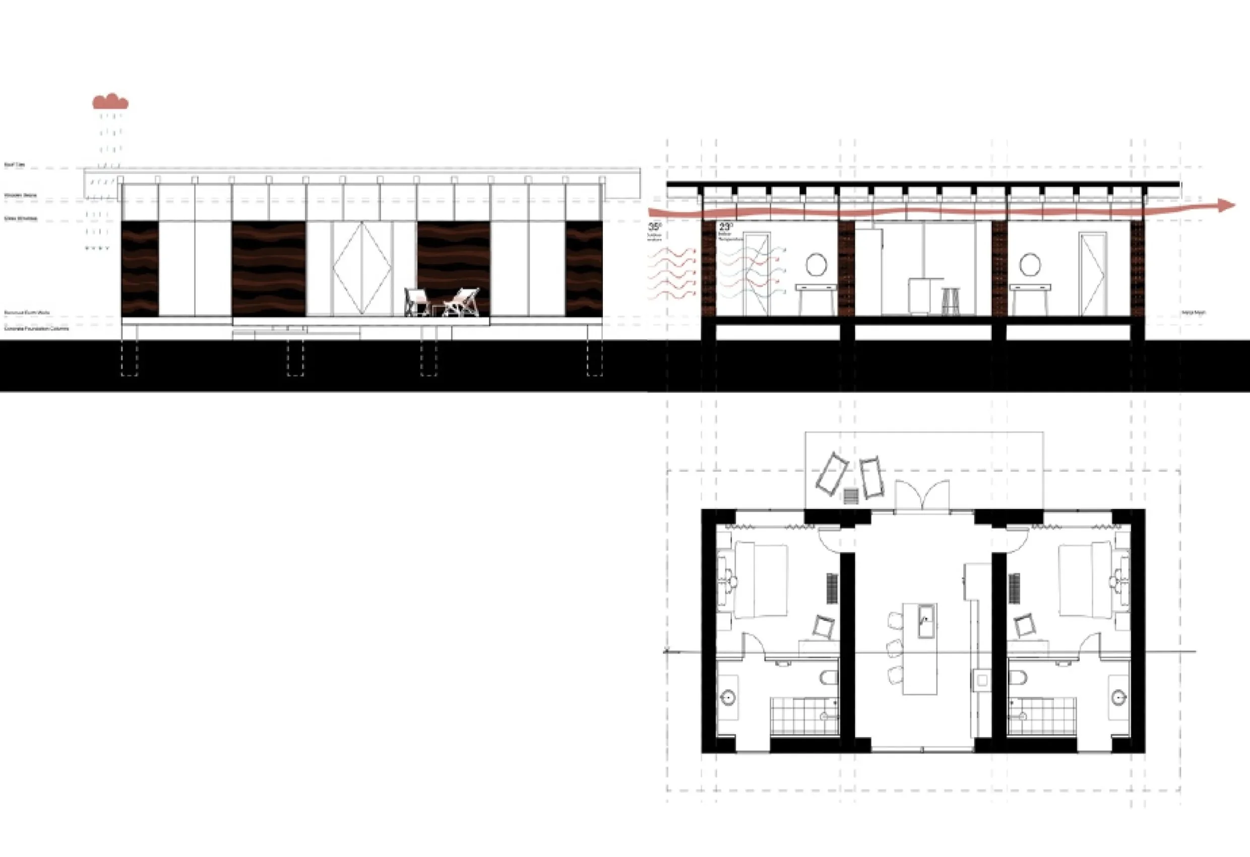 Architectural drawing of a building section and floor plan, showing structural details and interior layouts.