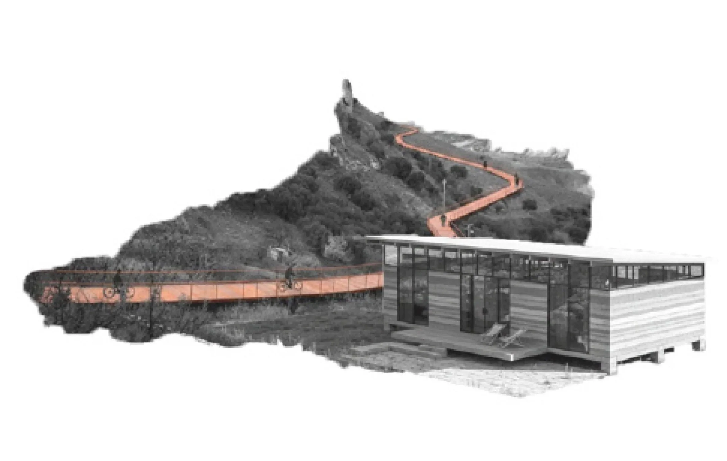 Black and white photo of a mountain with a winding path leading to a structure at the top, in front of a modern glass building.