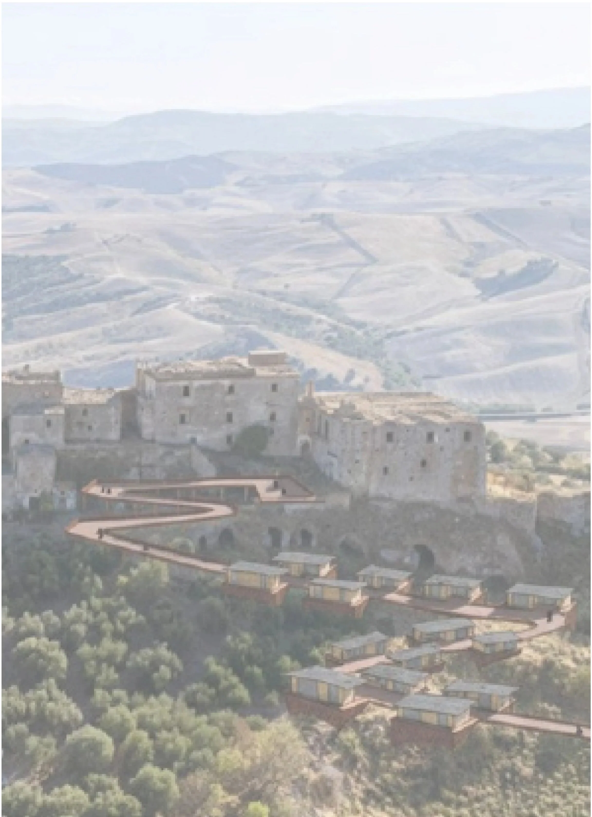 Aerial view of a hilly landscape with roads, trees, and modern buildings in a town or city.
