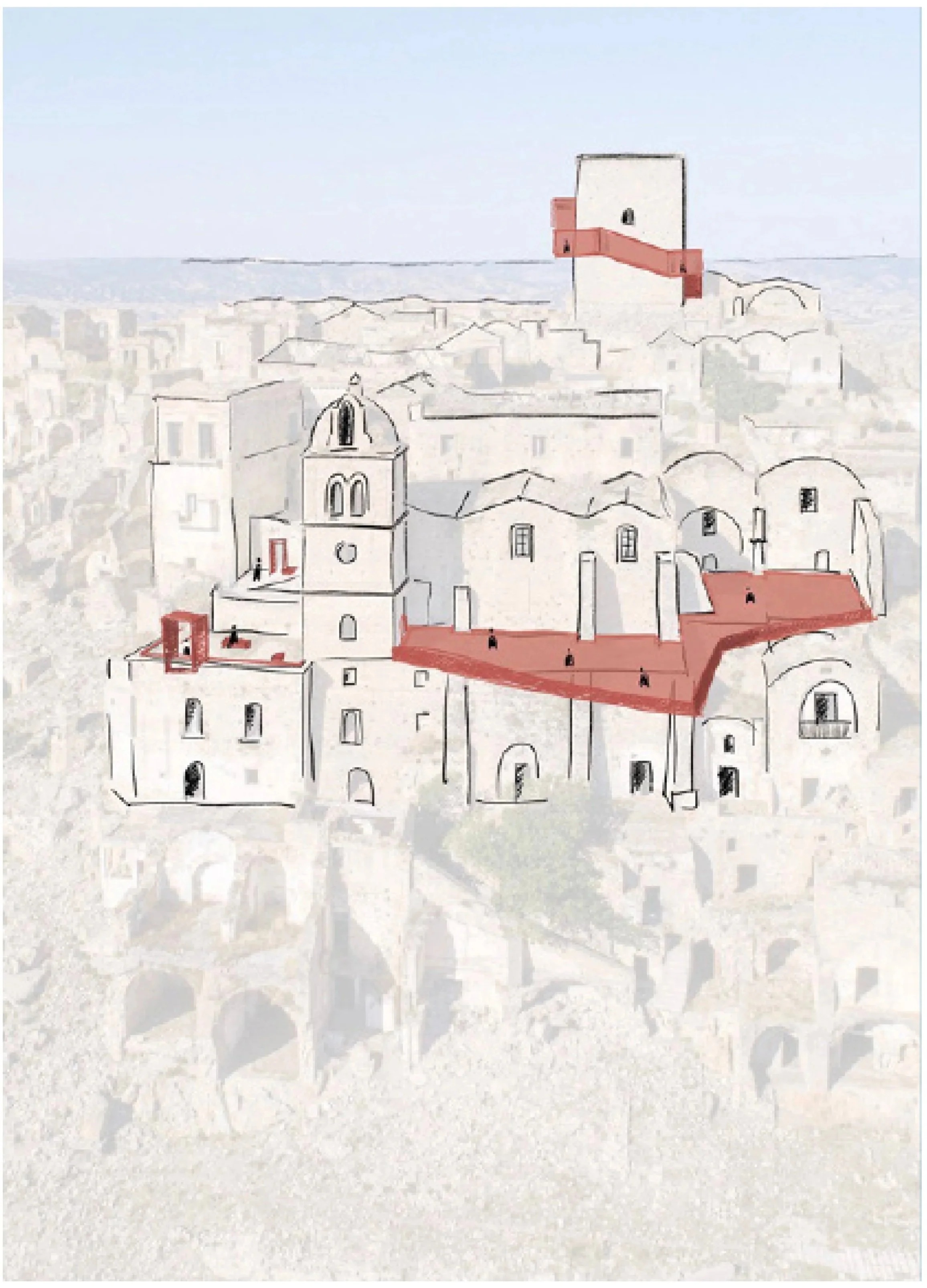 A sketch of a cityscape with buildings, a church with a bell tower, and a background with a faint landscape. The sketch emphasizes the buildings with red highlights on some structural elements.