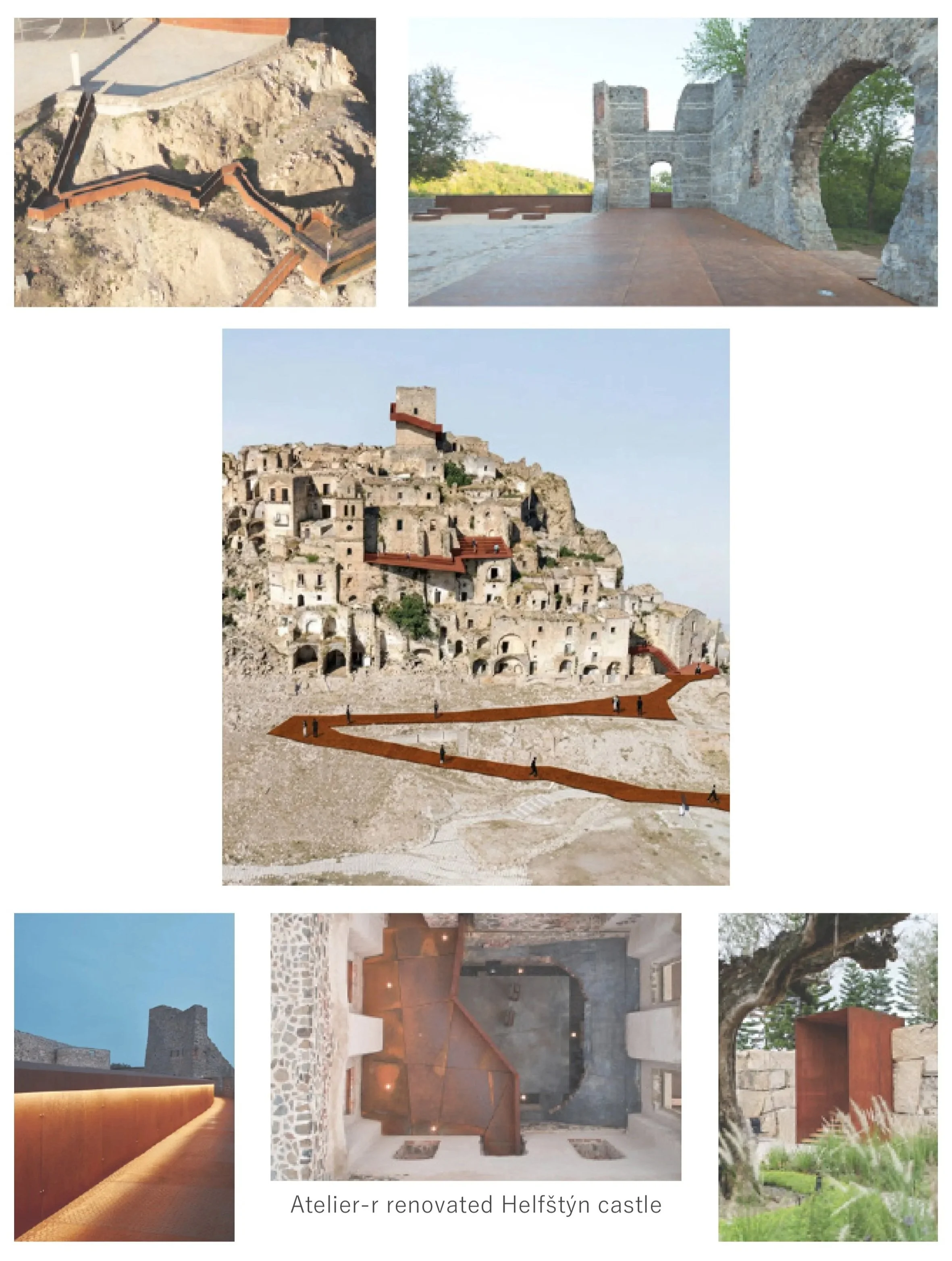 Pictures of the renovation of Helfštýn castle, showing different parts of the castle including stone walls, interior spaces, and modern architectural elements integrated into the historic site.