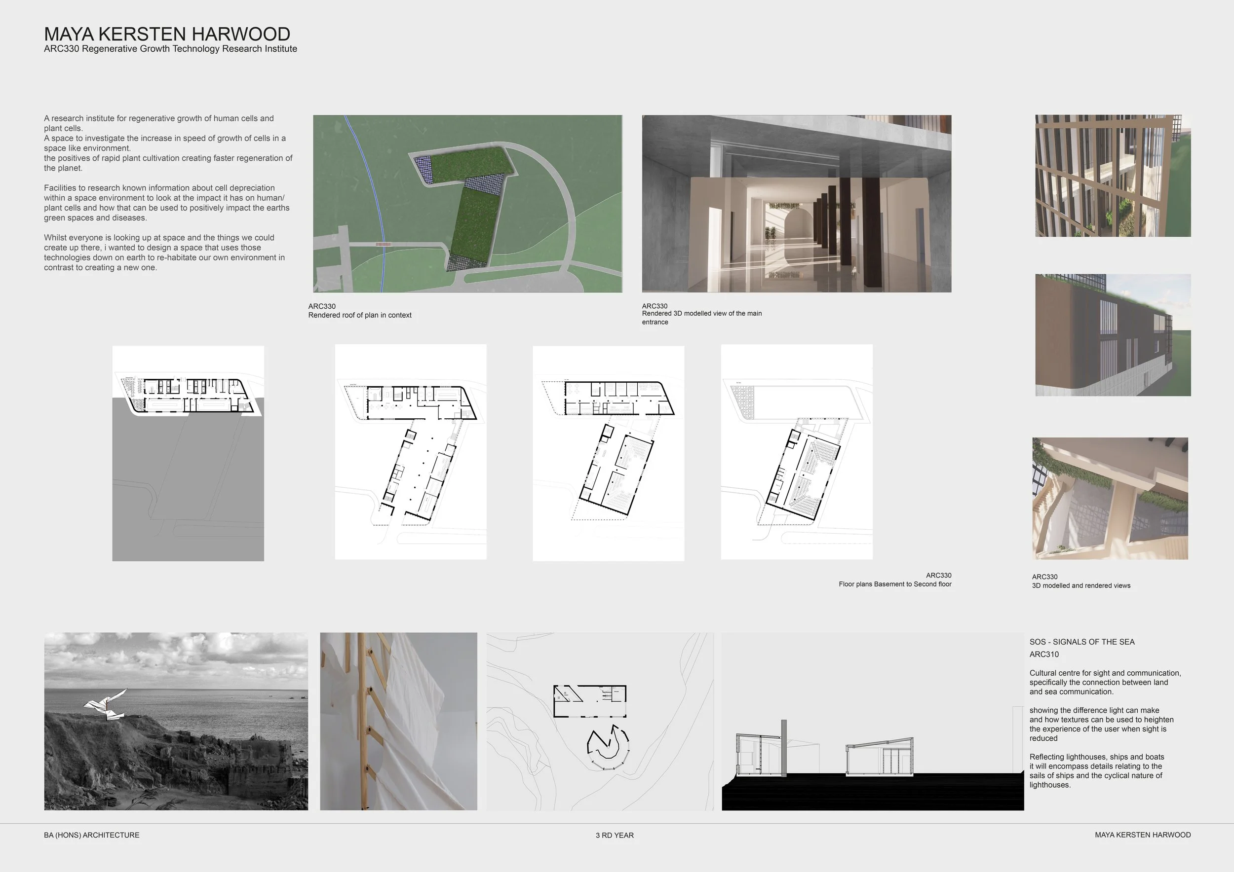A detailed architectural presentation board showing a research project by Maya Kersten Harwood from ARC330. The board includes project descriptions, site plans, floor plans, 3D renderings of building interiors and exteriors, and landscape photographs