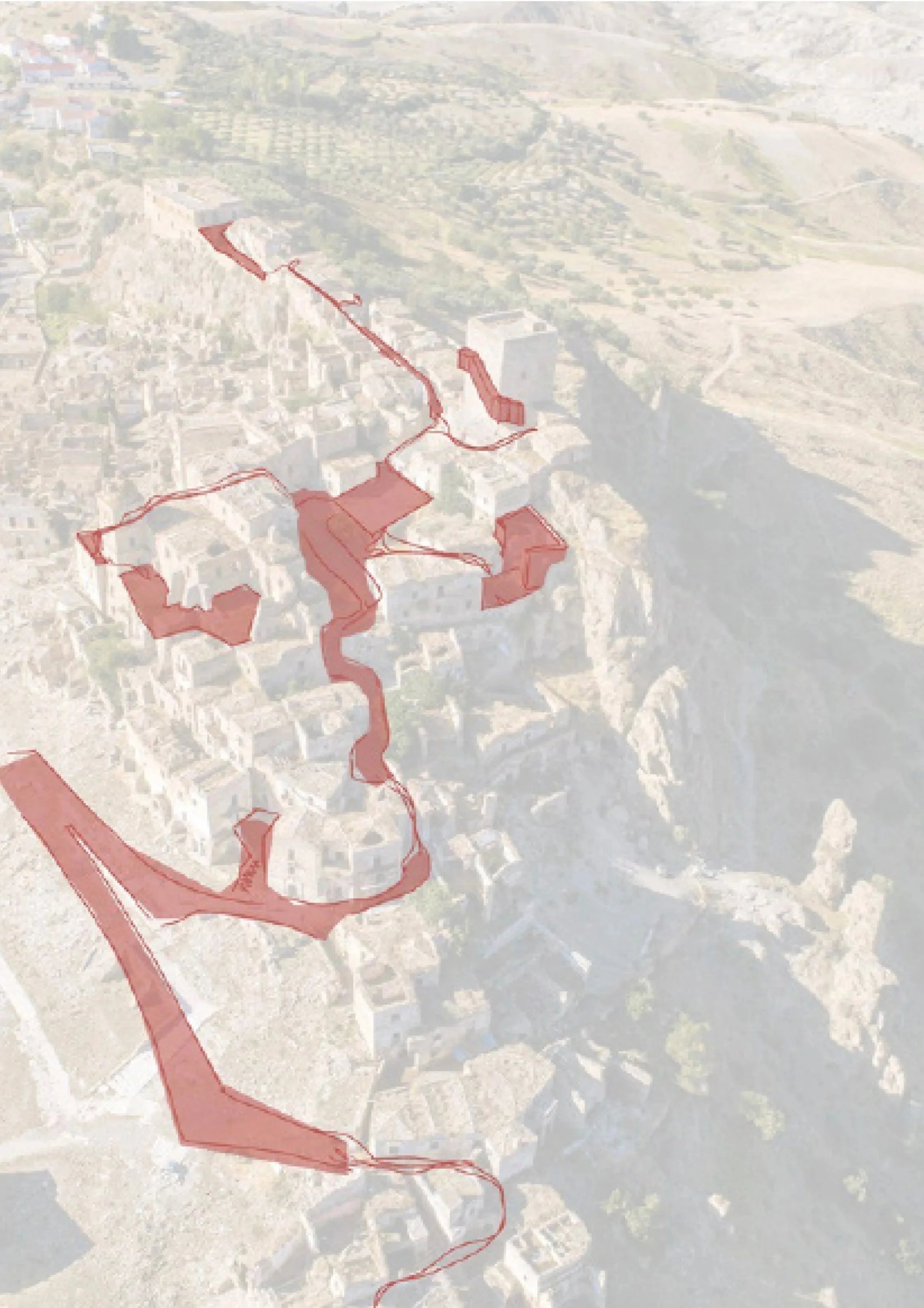 An overhead view of a cityscape with a river, featuring a red line outlining a route through the city, past various buildings and landscape features.