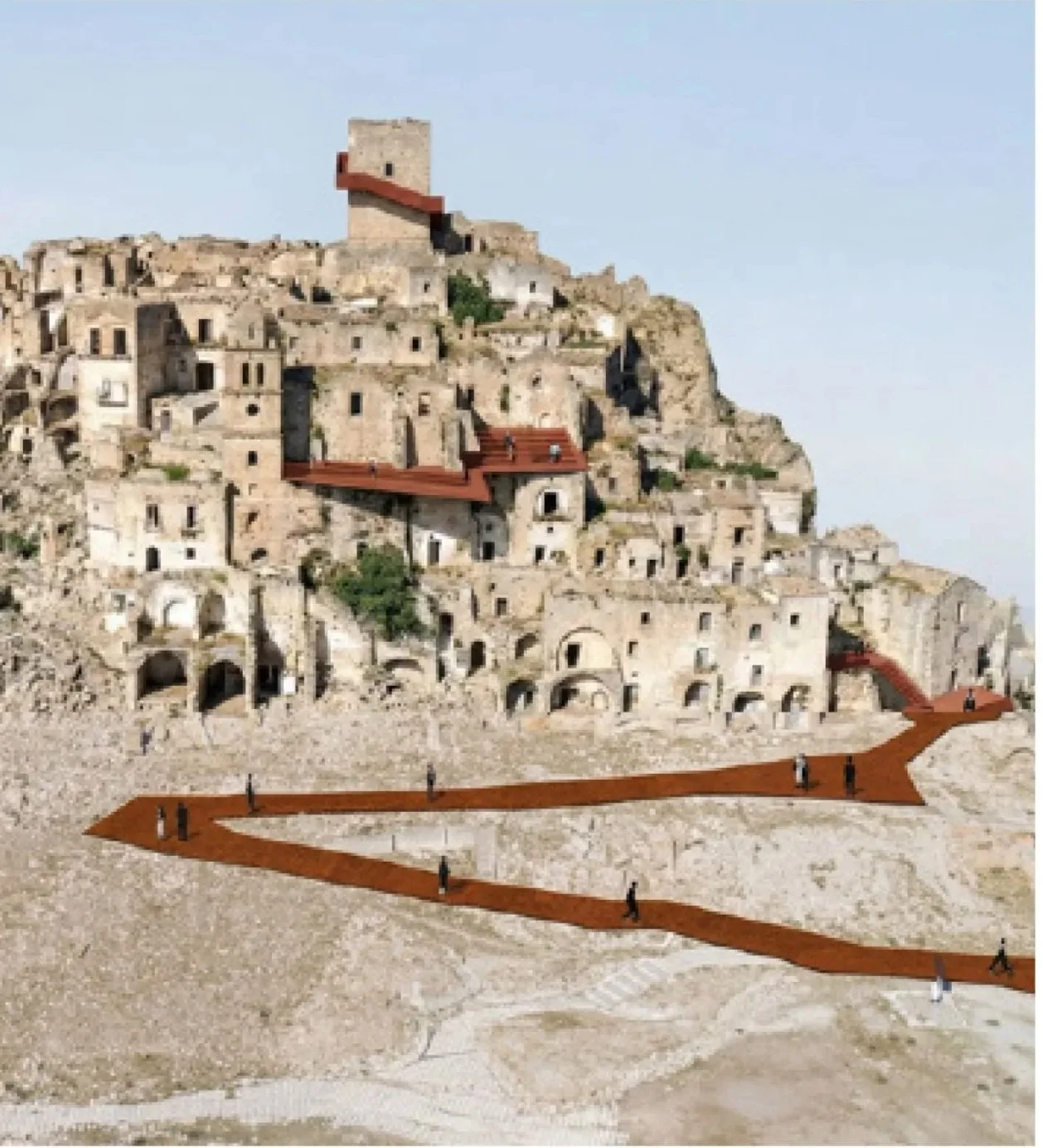 A digital rendering of a pathway leading up a hillside toward an ancient stone city or village, with multiple levels and buildings. The orange pathway weaves through the terrain with several people walking along it.