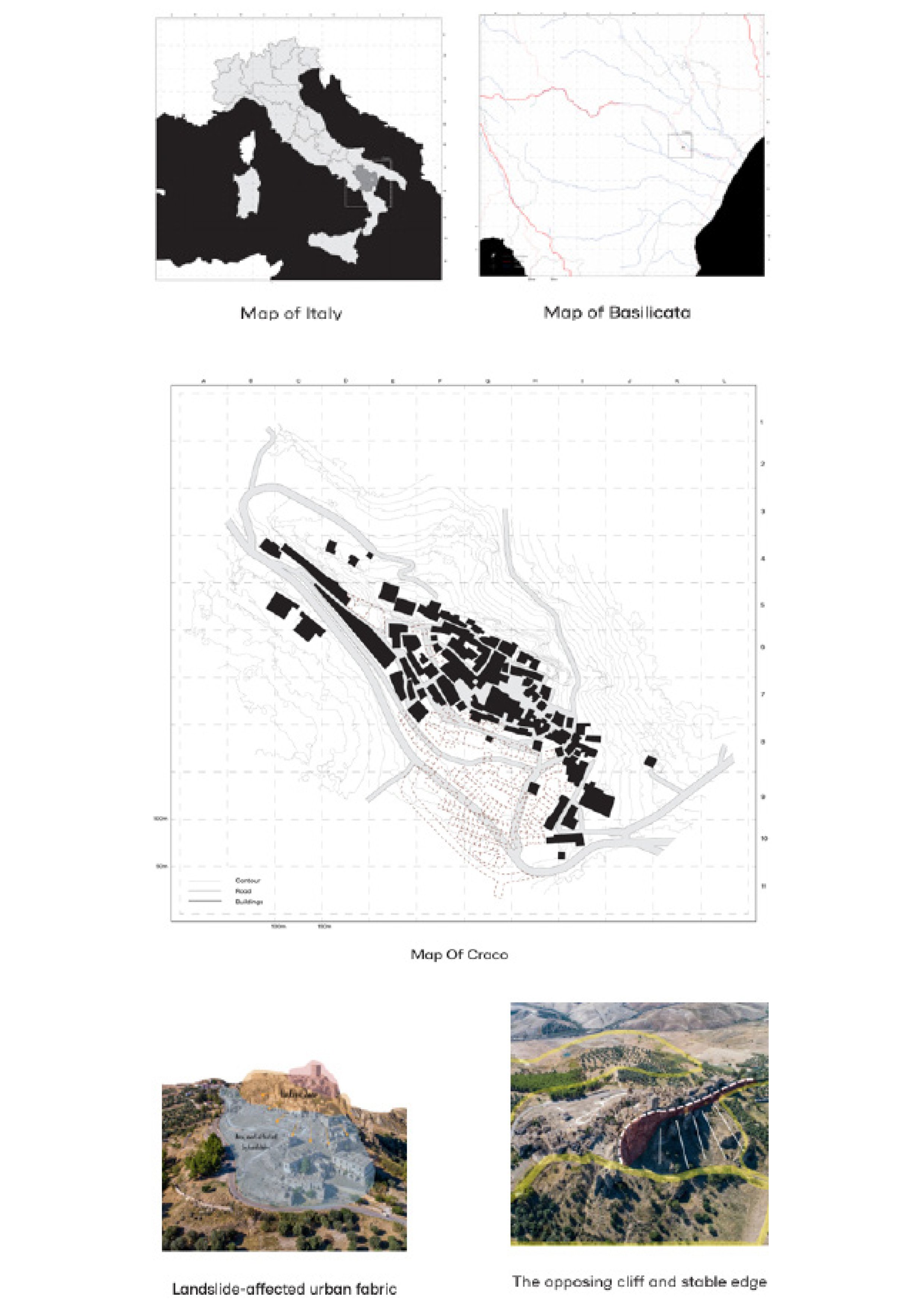 Comparison of maps and photographs related to Italy, Basilicata, and Craco, showing geographic features, urban fabric, and landscape changes such as landslides and cliffs.