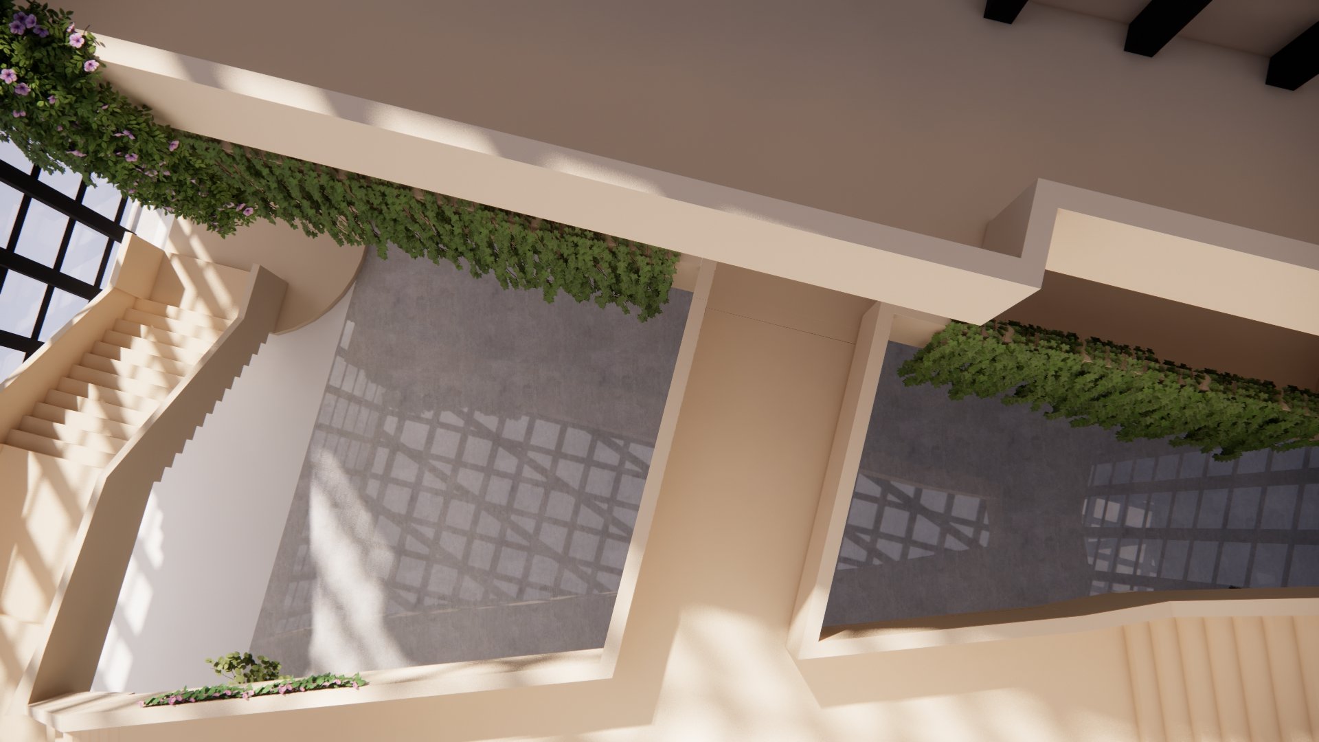 View of an indoor balcony area with greenery and patterned shadows cast by a pergola structure.