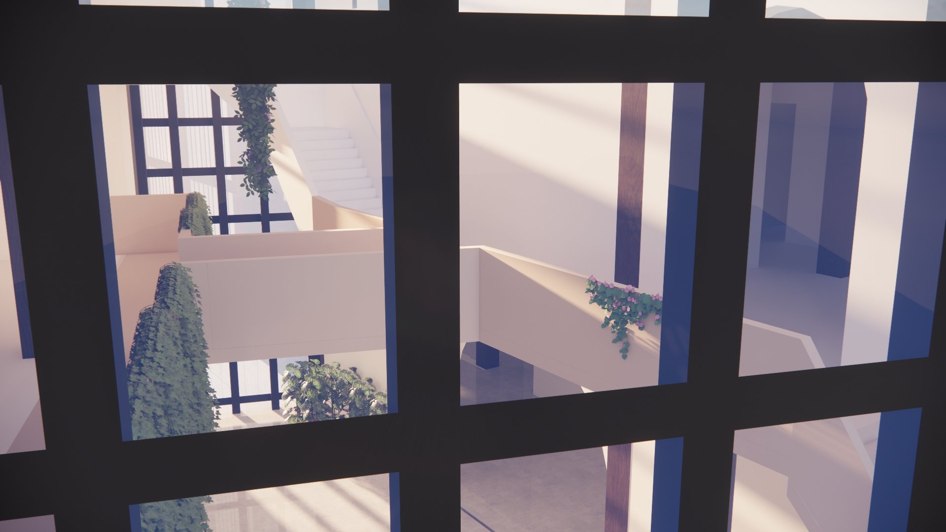Digital rendering of an indoor balcony courtyard seen through large glass windows. The courtyard features white walls, stairs, greenery, and sunlight streaming in.