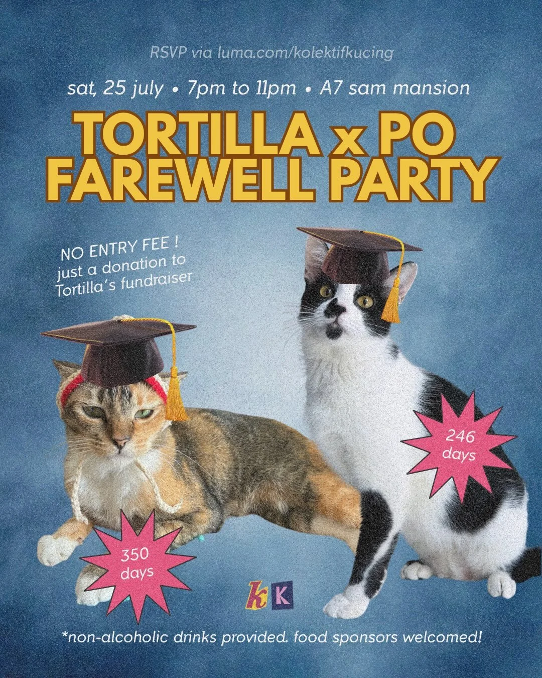 WE DID IT JOE! tortilla &amp; po are going off to their new homes after almost a year of head butts, nose kisses &amp; purrs. we&rsquo;re hosting an intimate farewell party for those who wanna say goodbye &amp; hangout with those who love them most. 