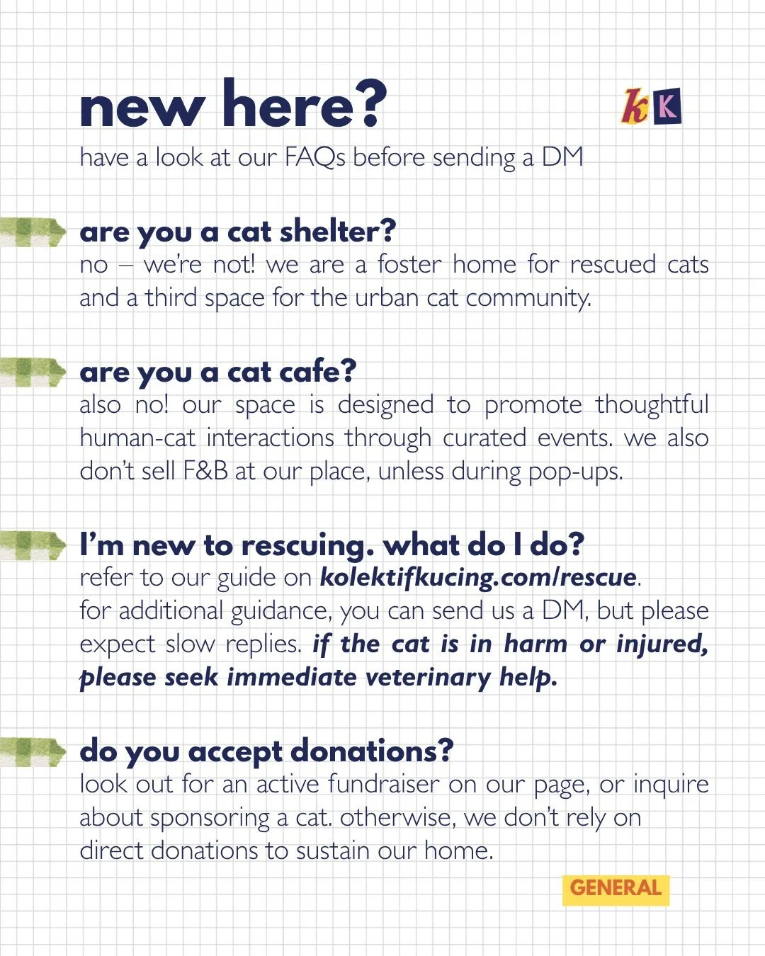 we tried to consolidate all FAQs we get in our DMs.. but if you still have any questions, drop them here ⬇️

❌ we are not a cafe or shelter
✅ we believe that paid care work is a sustainable way to address the stray cat crisis &amp; reduce burden on s