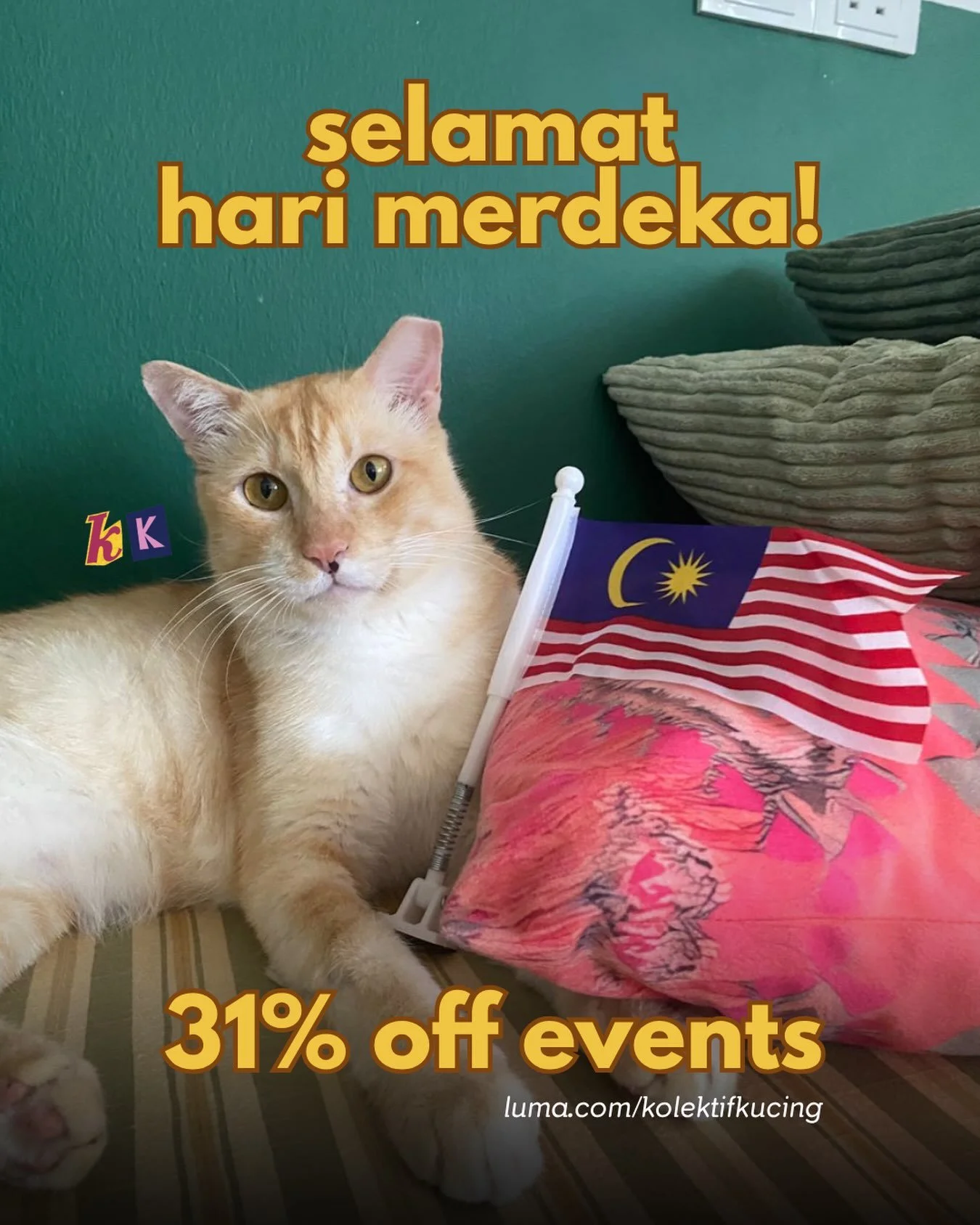happy independence day to our fellow malaysians! 🇲🇾 cats &amp; community have always been a big part of our identity and culture &mdash; to celebrate, we&rsquo;re offering 31% off on our events this week

use code MERDEKA on luma.com/kolektifkucing