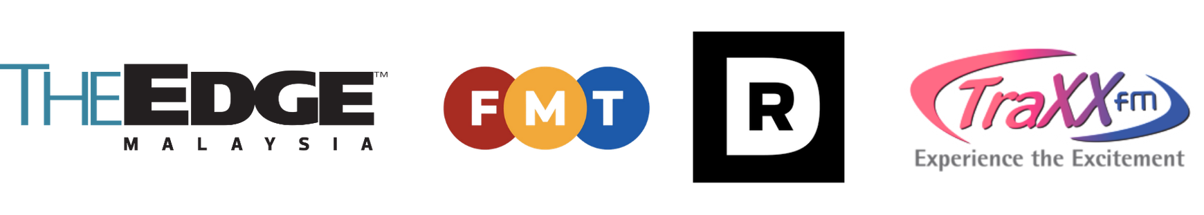 Logos of four Malaysian media companies: The Edge, FM T, R, and TraXX FM, each with distinct colors and styles, with TraXX FM including the tagline "Experience the Excitement."