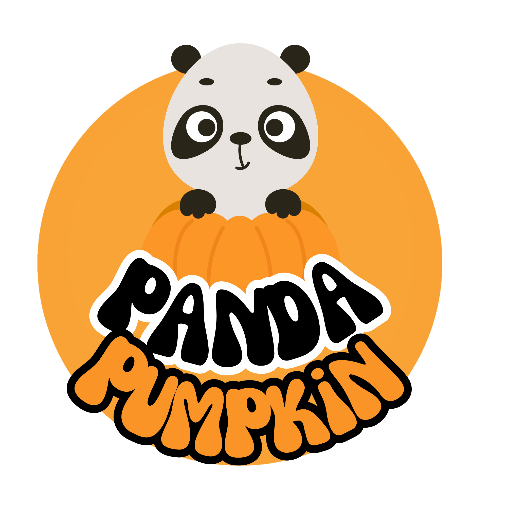Illustration of a panda bear sitting inside a pumpkin, with the text 'panda' written over the pumpkin.