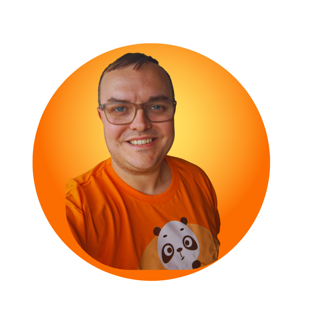 A smiling man with glasses wearing an orange shirt featuring a panda graphic, against a bright orange background with a circular design.