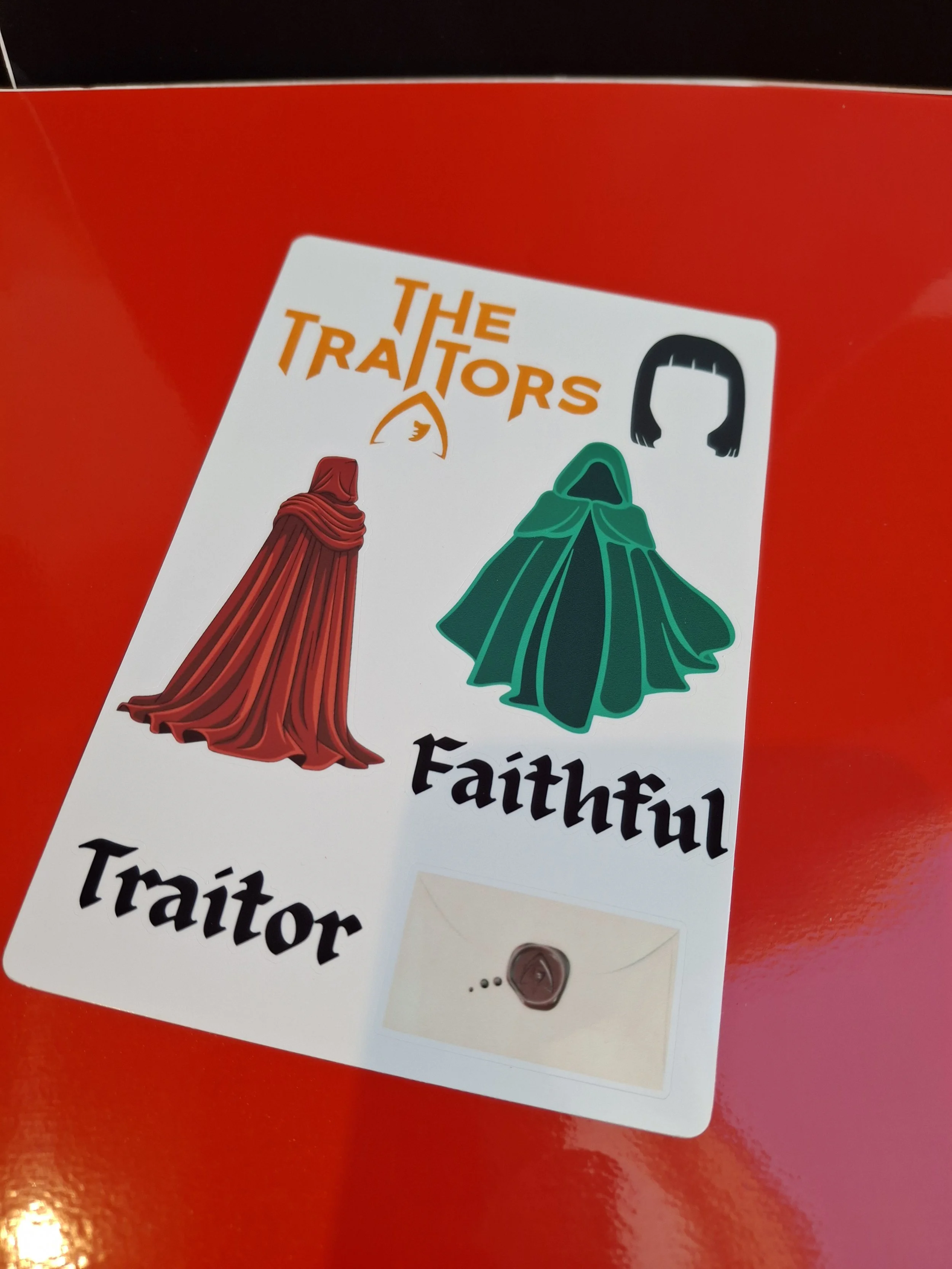 The Traitors Gift Sticker Set. Includes Red Traitor, Green Cloak, Faithful and Traitor Letter Celebrity Traitors