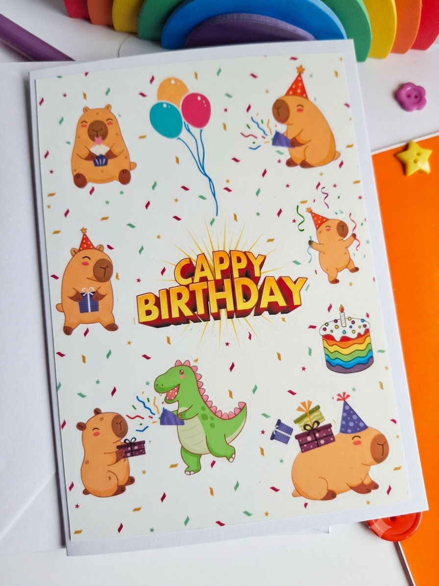Cappy Birthday Sticker Card - Capybara Fans rejoice! Birthday Card with 9 Capybara Stickers