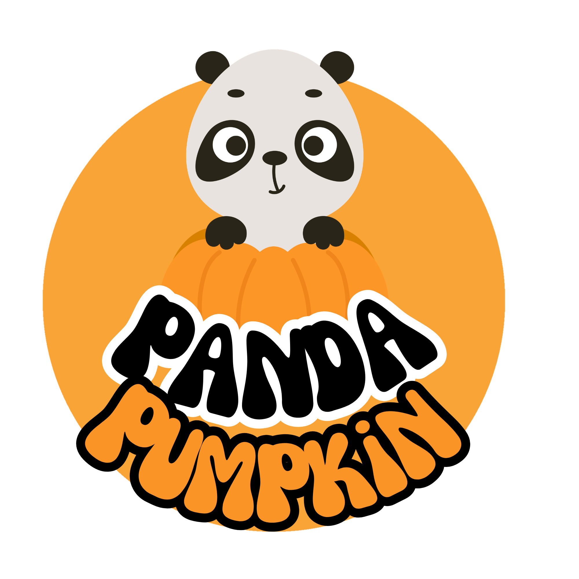 Cute cartoon panda bear sitting inside a carved orange pumpkin, with Halloween themed text overlay.