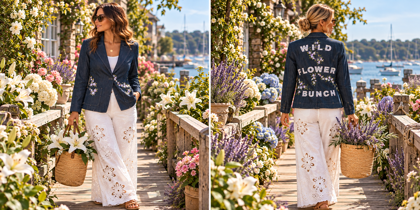 A woman walking on a wooden walkway lined with flowers, carrying a basket of flowers. She is wearing a denim jacket with floral embroidery, white floral-patterned pants, sunglasses, and has wavy hair.