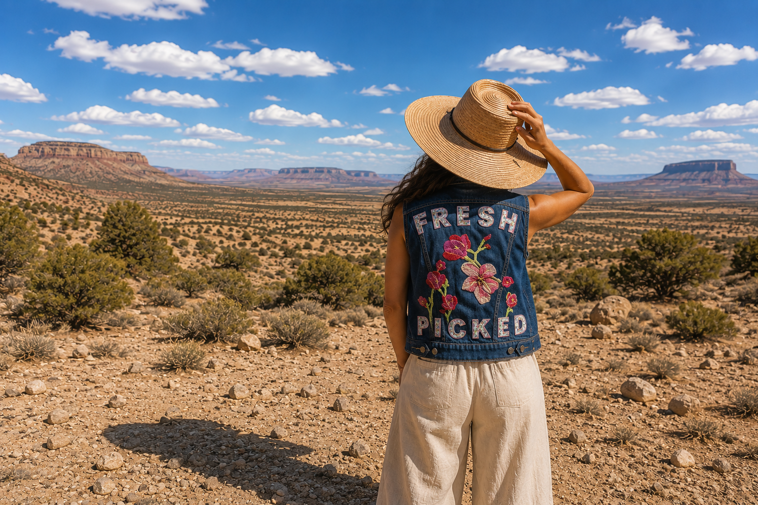 A woman standing in a desert landscape with mesas in the distance, wearing a straw hat and denim vest with floral embroidery and the words 'FRESH PICKED' on the back.