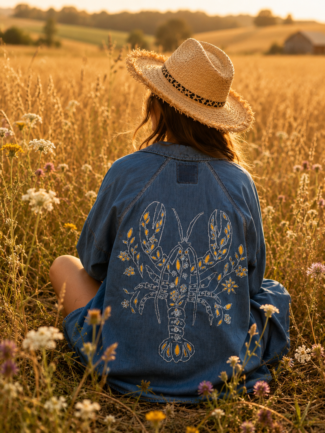 A person sitting in a field of wildflowers during sunset, wearing a straw hat and a denim jacket with a lobster design embroidered on the back.