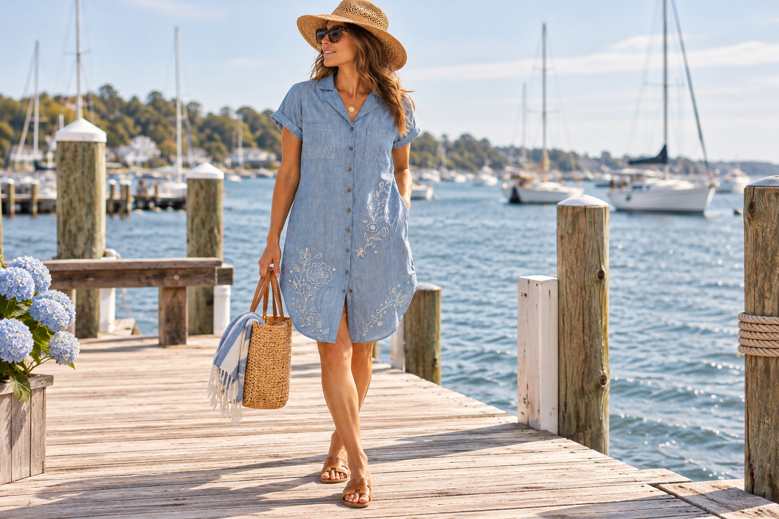 A woman in a light blue dress, straw sun hat, and sunglasses walking on a wooden dock by the water, carrying a straw bag and a towel, with sailboats on the water and green trees on the shoreline in the background.