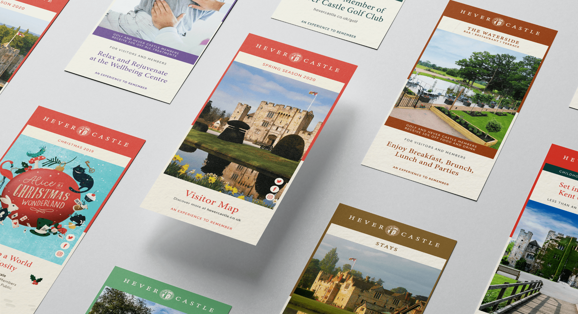 Collateral images for Hever Castle, including brochures, maps, and event flyers, with photos of the castle, scenic views, and recreational areas.