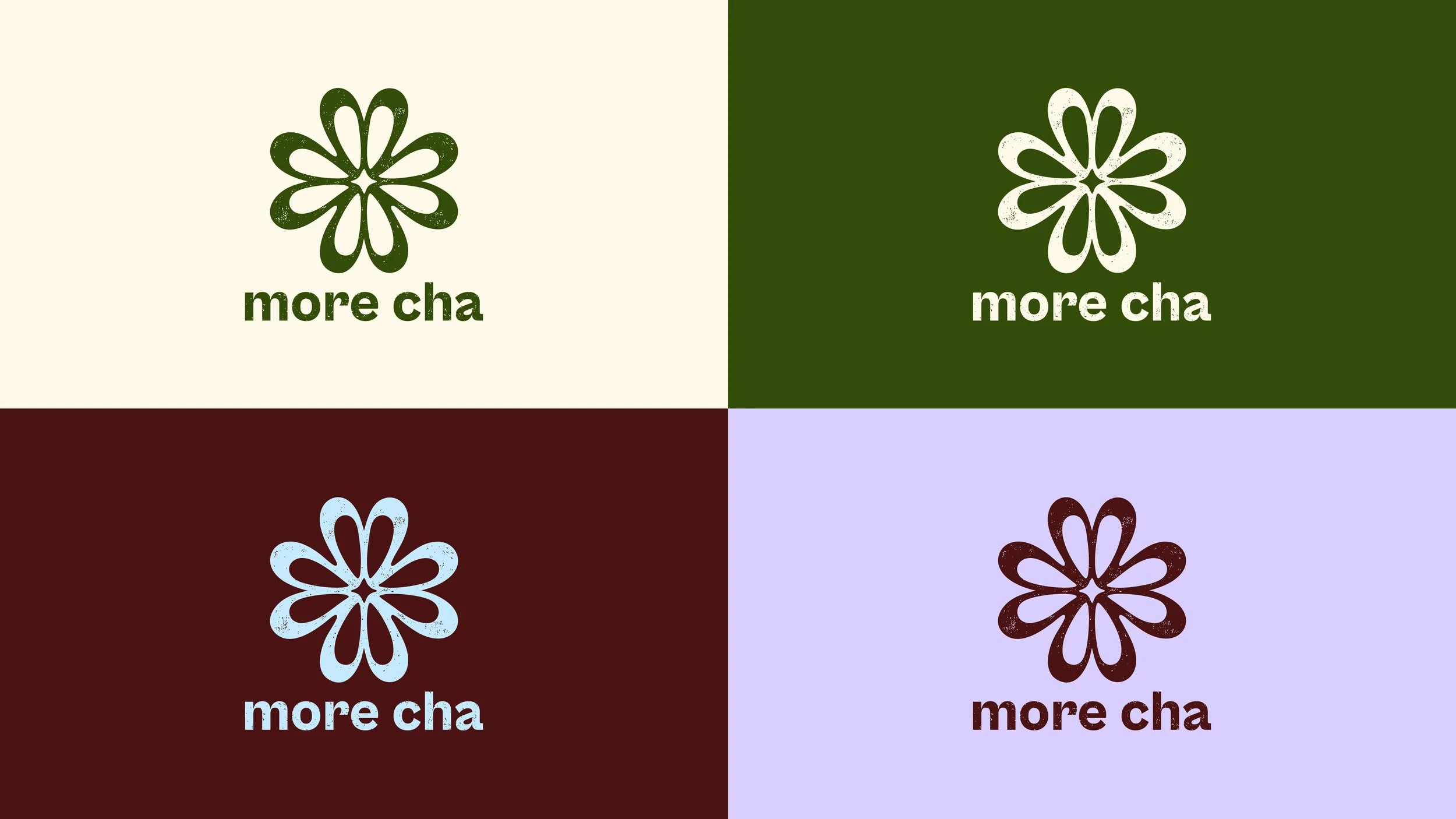 Four colorful tiles each featuring a stylized flower logo and the words 'more cha' in lowercase text.