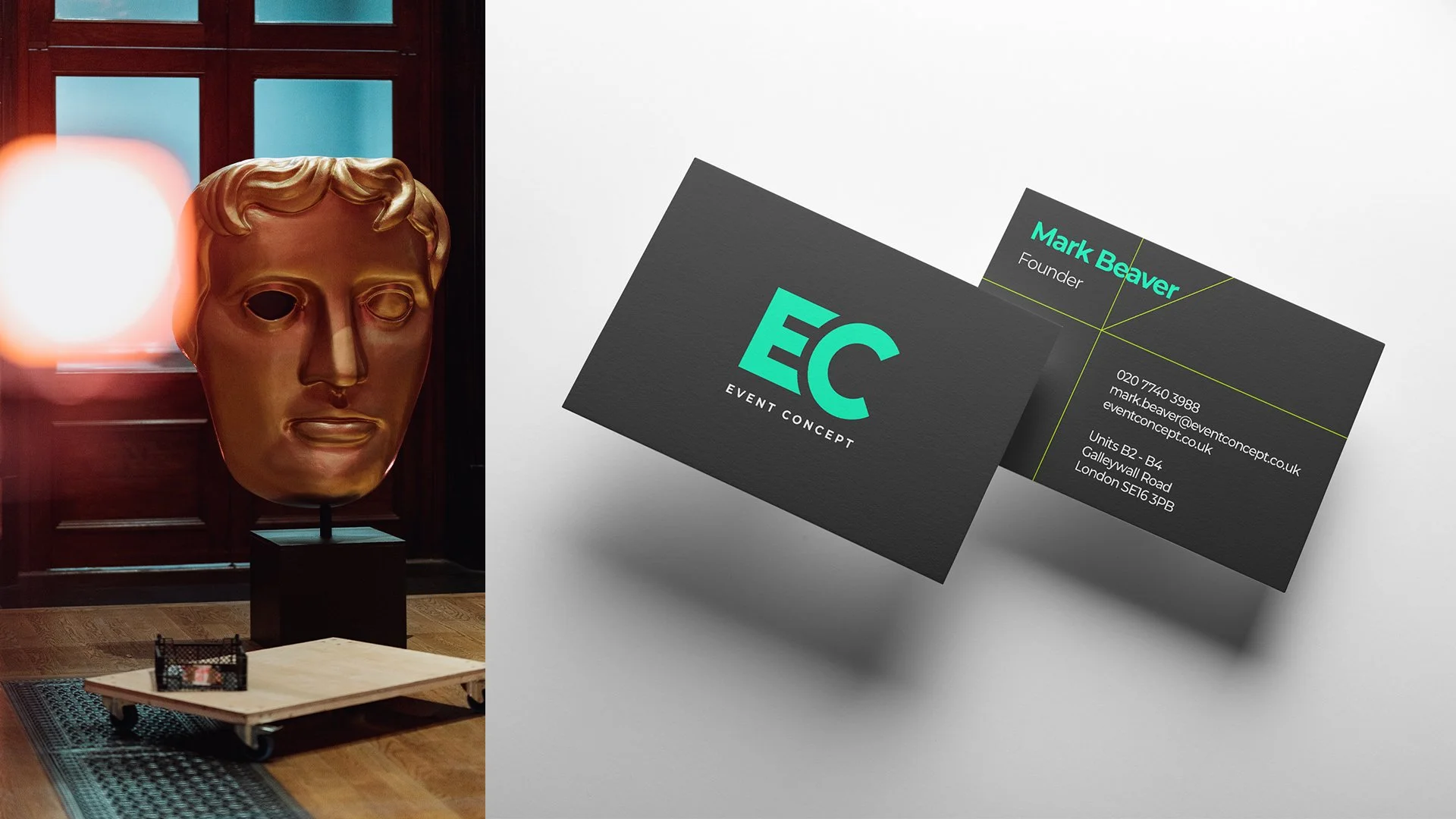 A bronze-colored sculpture of a human face mask in a room with wooden walls and a window, next to a black business card featuring a teal logo and contact information.