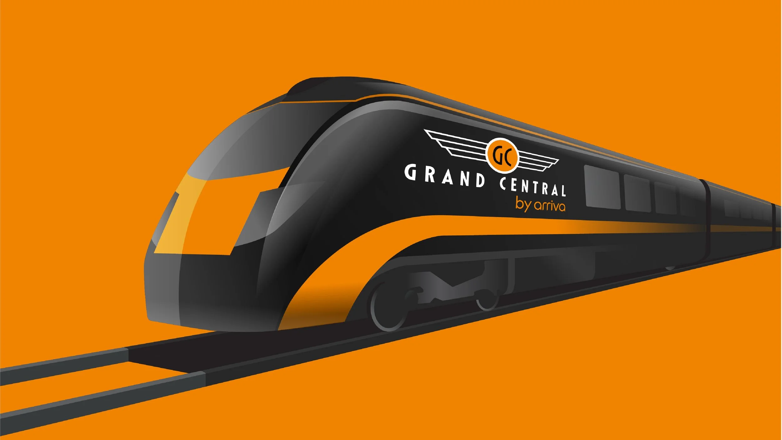 Illustration of a modern black and orange train with the words 'Grand Central by Arriva' and a logo with wings on its side, on a track with an orange background.