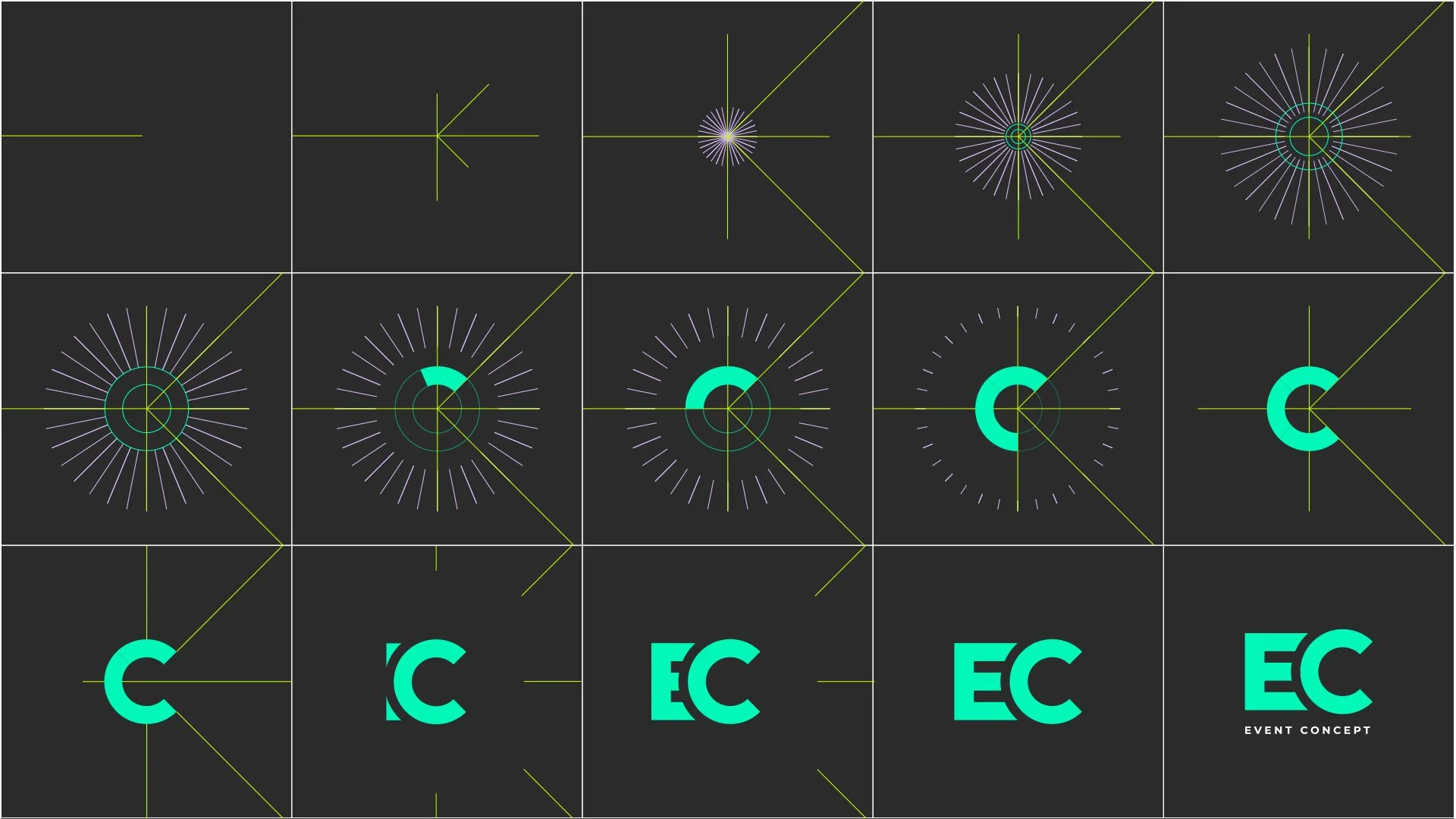 A series of graphic designs for the event concept 'EC', showing various stages of a circular logo with radiating lines, geometric shapes, and rotating effects, set against a dark background.
