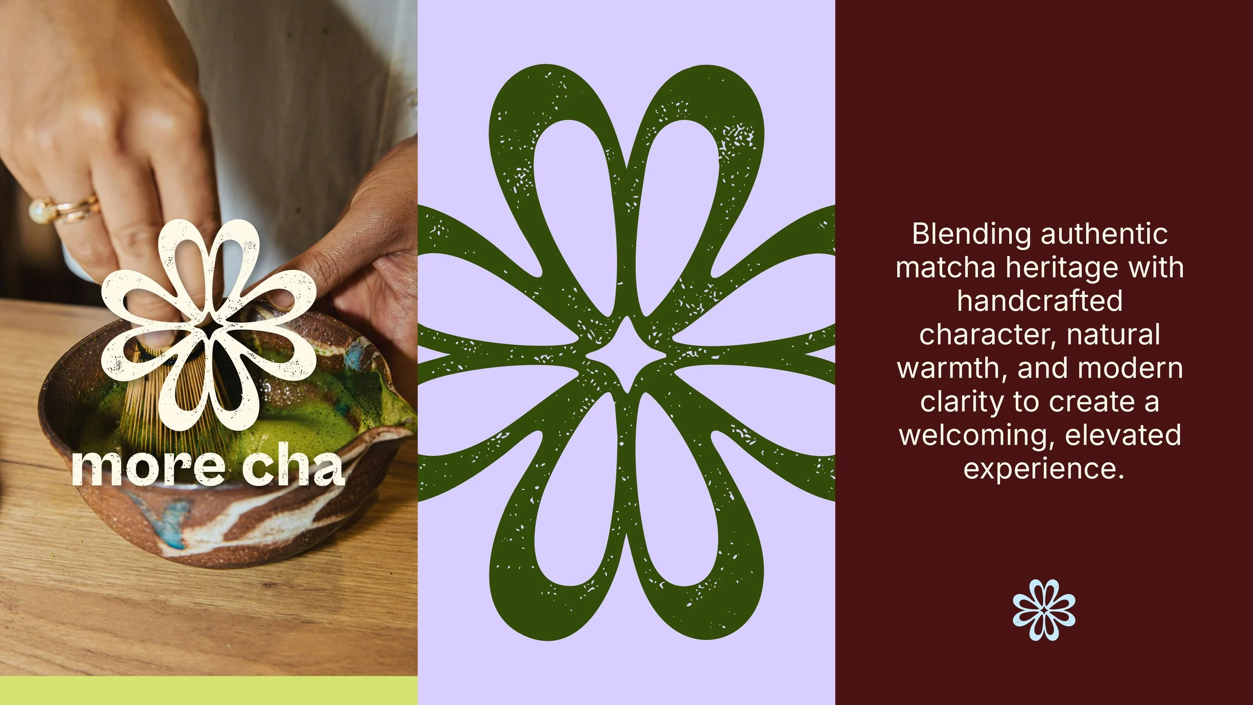 Close-up of a person's hand pouring matcha tea from a bowl using a bamboo whisk, with decorative overlay and a text promoting blending authentic matcha heritage with handcrafted character for a welcoming experience.