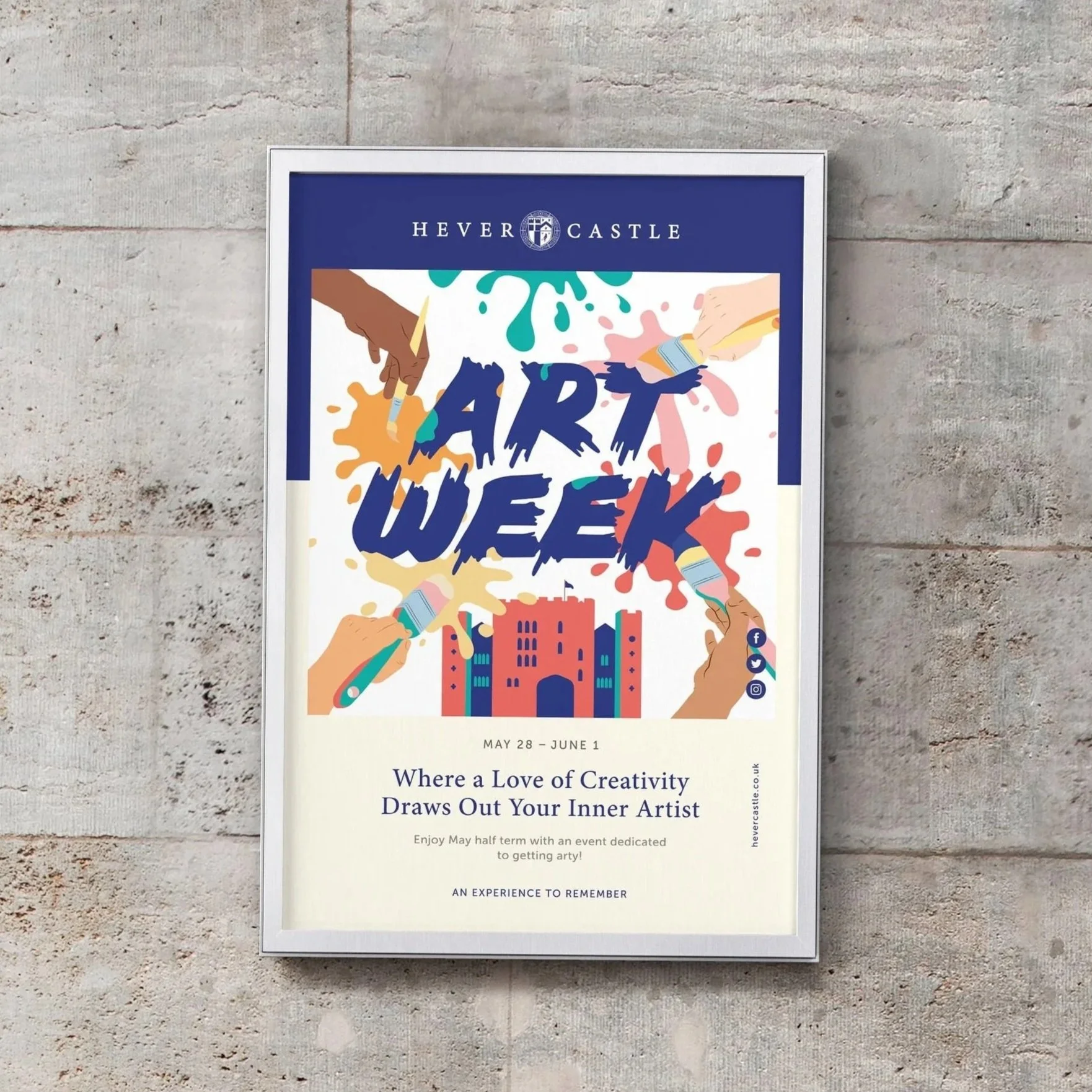 Poster with colorful illustrations of hands painting on a building, promoting an art event at Hever Castle from May 28 to June 1, with the theme 'Where a Love of Creativity Draws Out Your Inner Artist'.