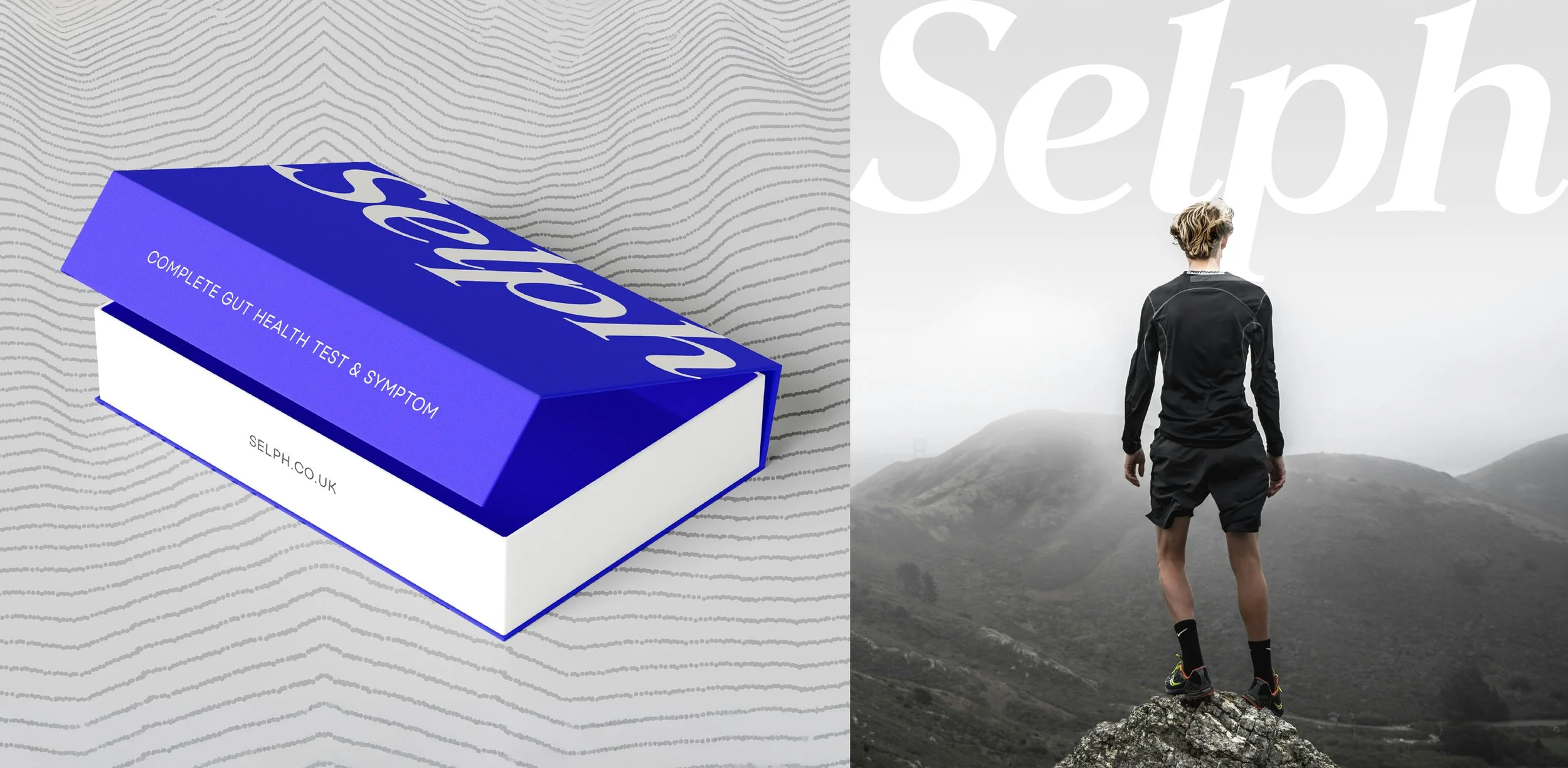 A blue and white box labeled 'Complete Gut Health Test & Symptom' from Selph, with a website URL, on a background with wavy gray lines. Beside it, a person stands on a mountain summit, wearing athletic gear and looking at a foggy, mountainous landscape with large white letters spelling 'sleep' in the background.