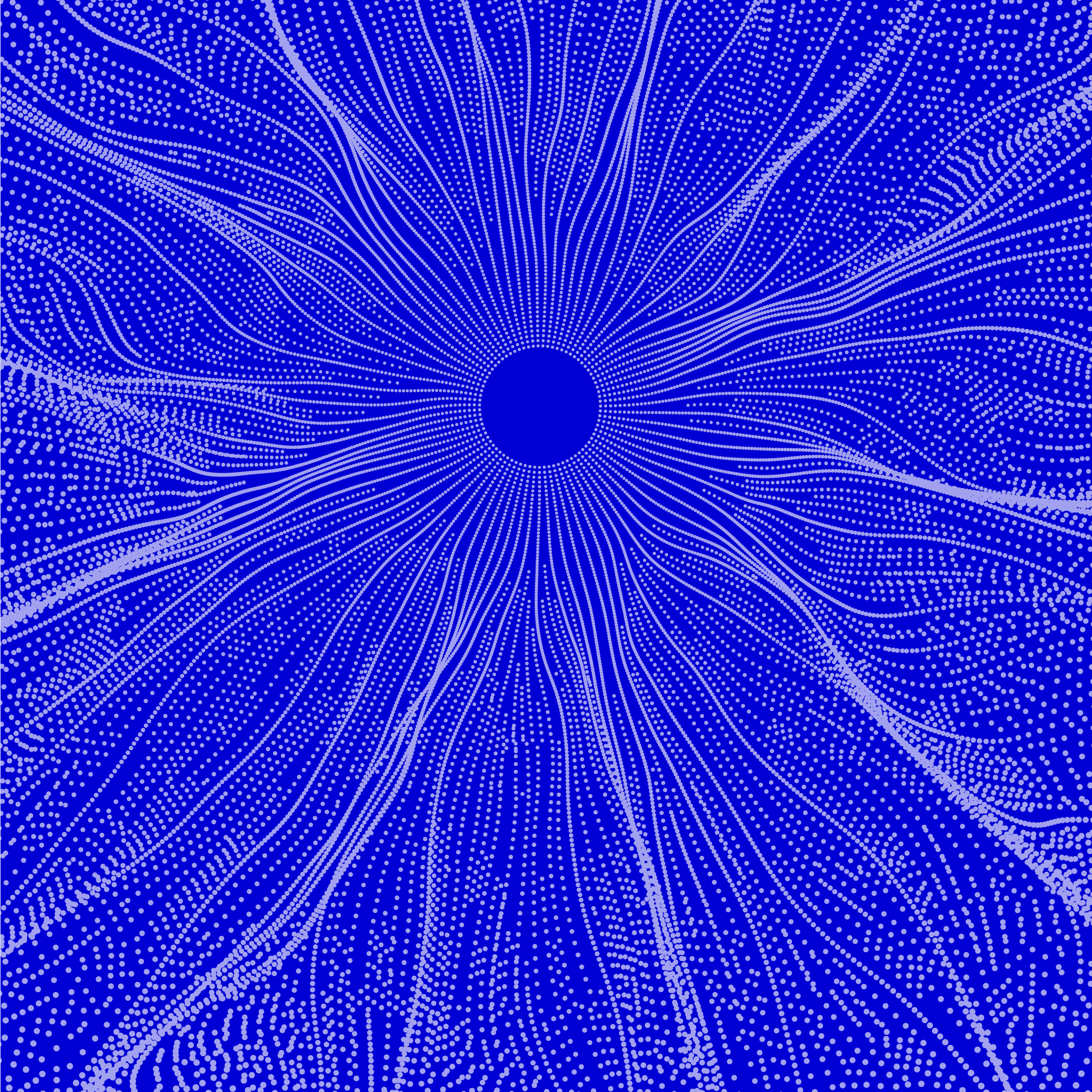 Blue abstract background with white dotted wave lines radiating from a central dark circle.