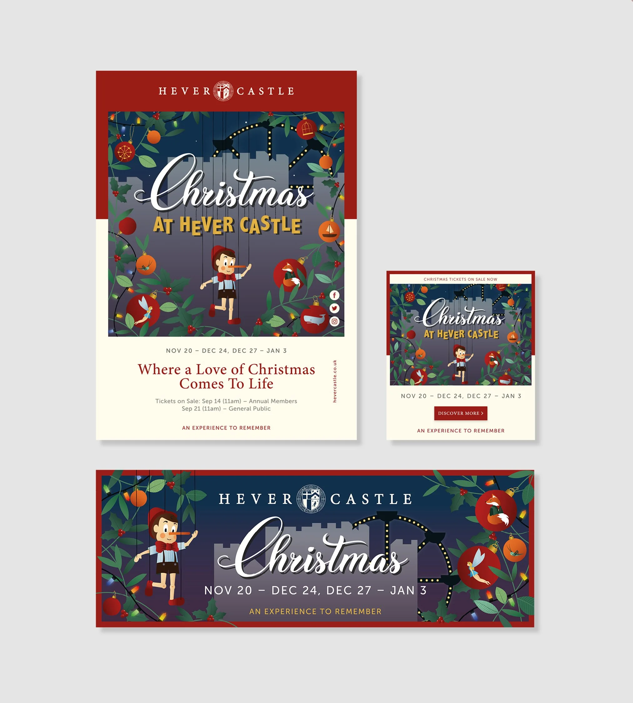 Advertisement for Christmas event at Hever Castle running from November 20 through January 3, featuring festive decorations and activities.