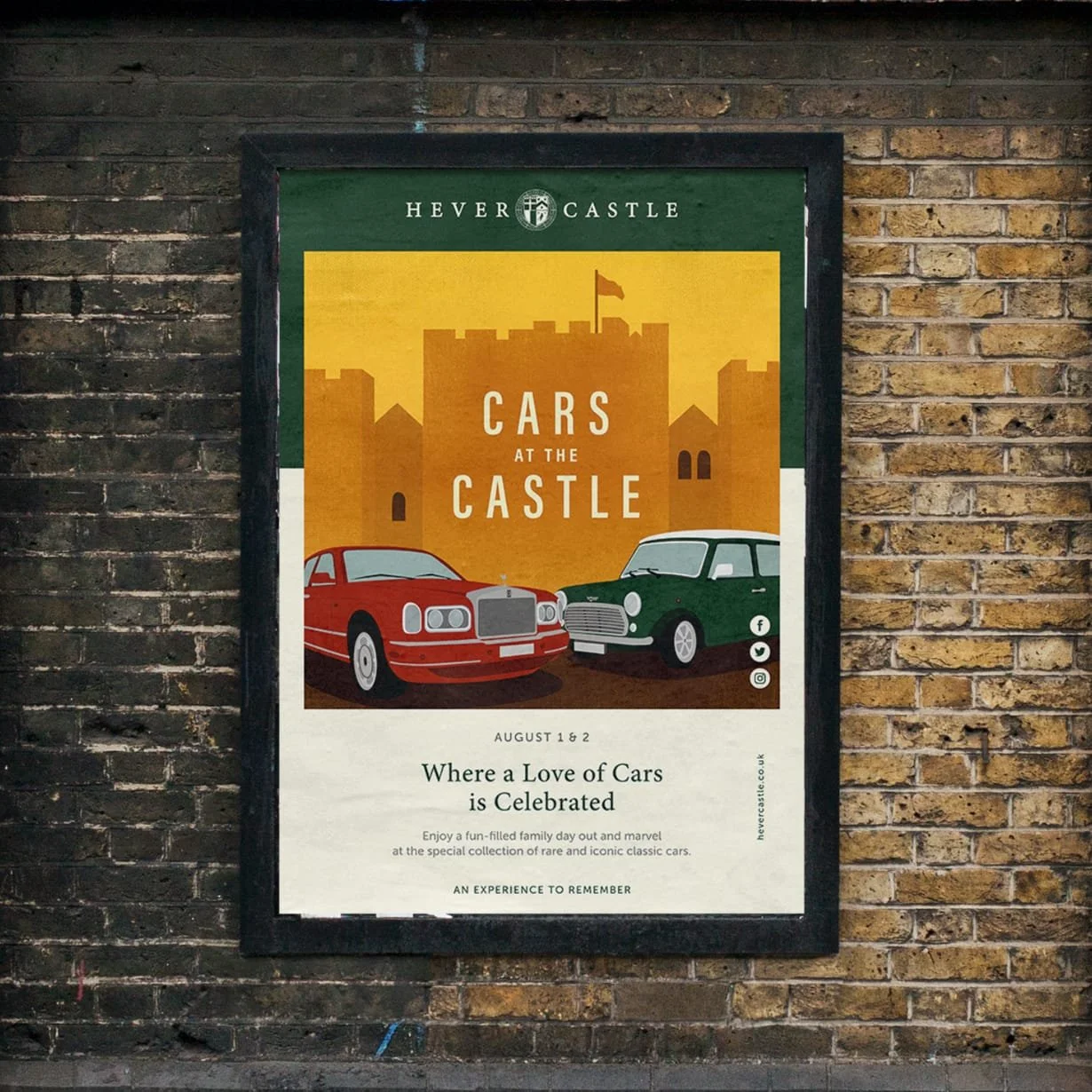 Poster for 'Cars at the Castle' event scheduled for August 1 and 2 at Hever Castle, featuring classic cars, with the tagline 'Where a Love of Cars is Celebrated' and details about the event experience.