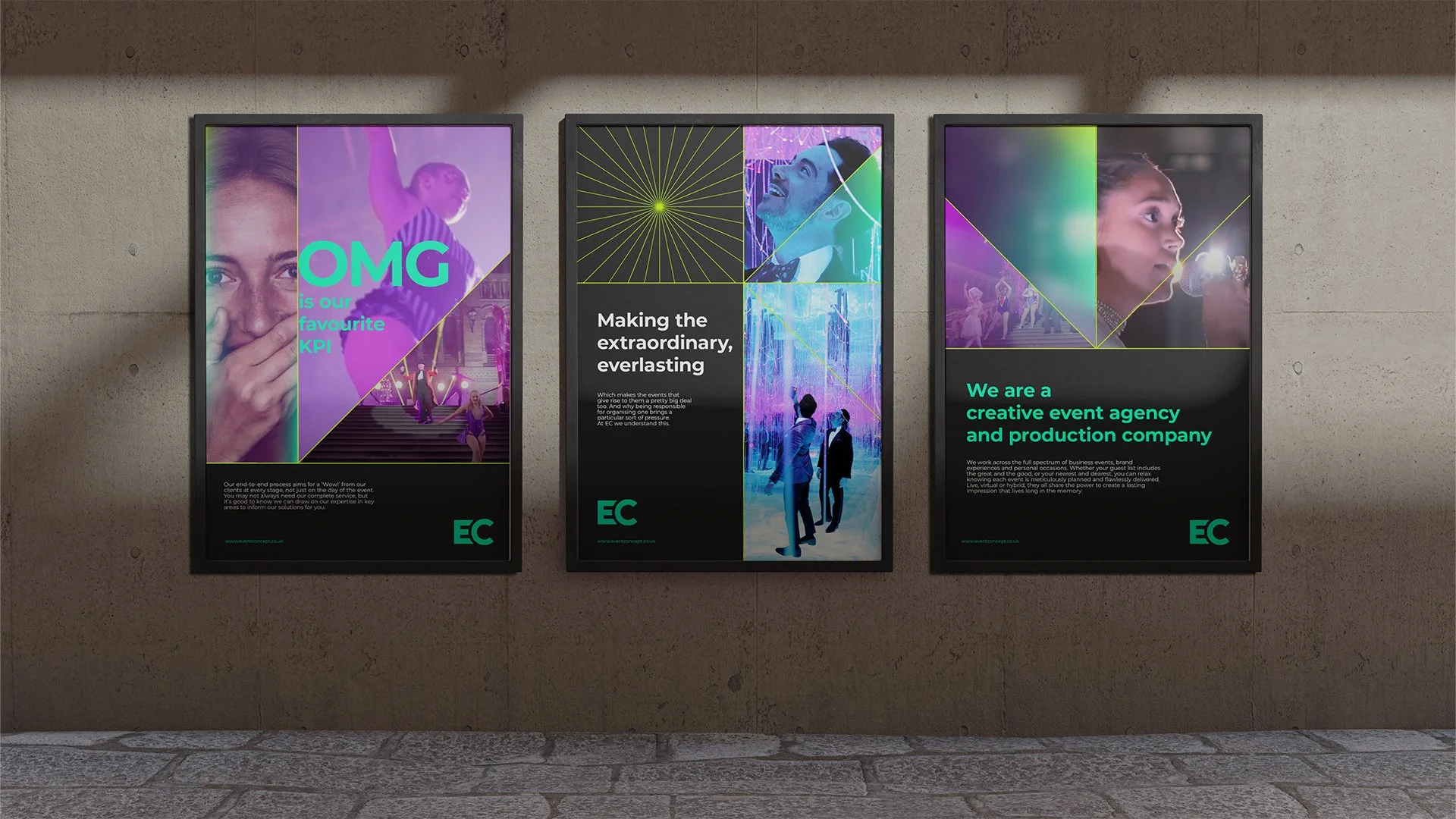 Three vertical framed posters on a concrete wall. Each poster features images of people at events with colorful graphics and text about event concept and production services, with the company logo 'EC' at the bottom.