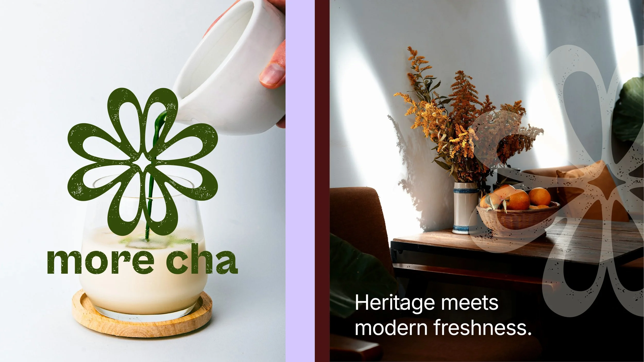 A split image with the left side showing a white pitcher with a green sedge herb design and the words 'more cha', and the right side showing a white vase with dried plants and a basket of fruit on a wooden table, with black and white abstract design overlays and the text 'Heritage meets modern freshness'.