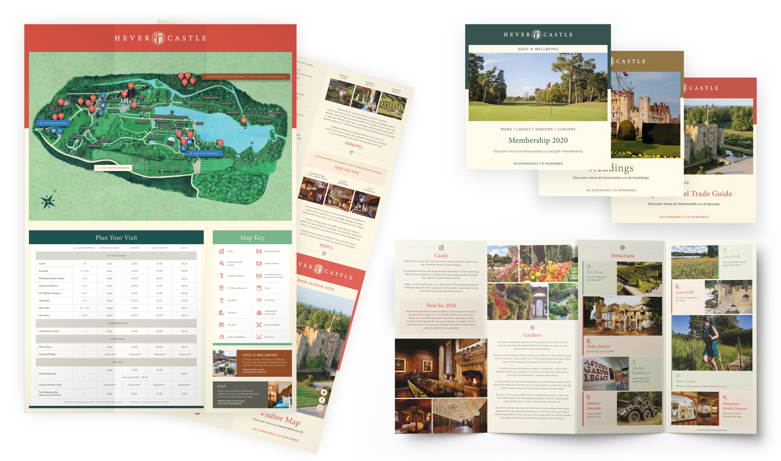 Collection of brochures and maps for Hever Castle featuring a detailed map of the grounds, various promotional pamphlets for activities, accommodations, and events, with images of the castle, gardens, golf course, and other attractions.