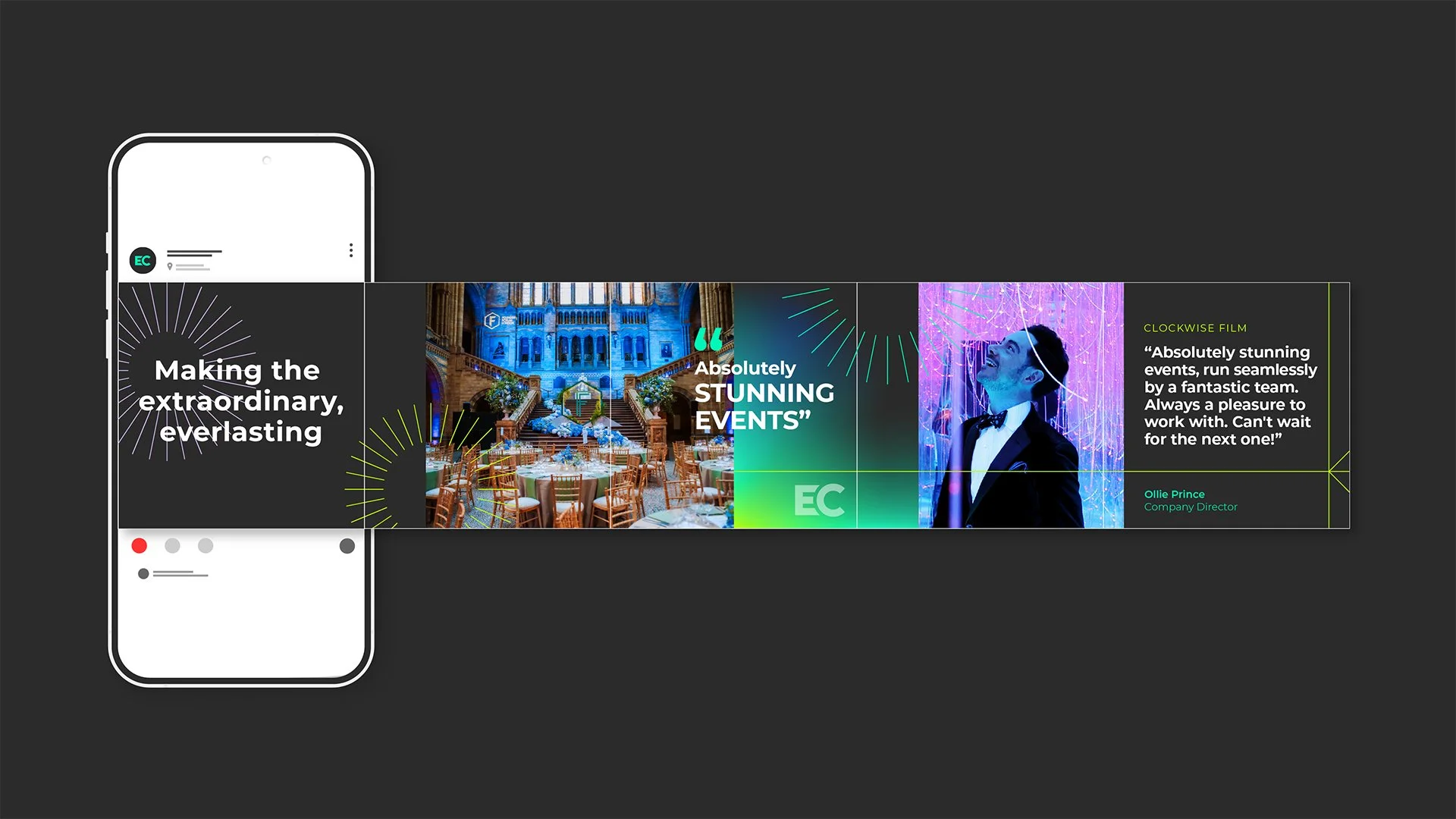 A digital advertisement on a smartphone screen promoting event planning services. The ad features a section that reads 'Making the extraordinary, everlasting' alongside images of an elegant venue and a smiling man in a tuxedo, with the quotes 'Absolutely stunning events' and testimonials from a client. The background of the ad is dark with colorful graphic accents and text.