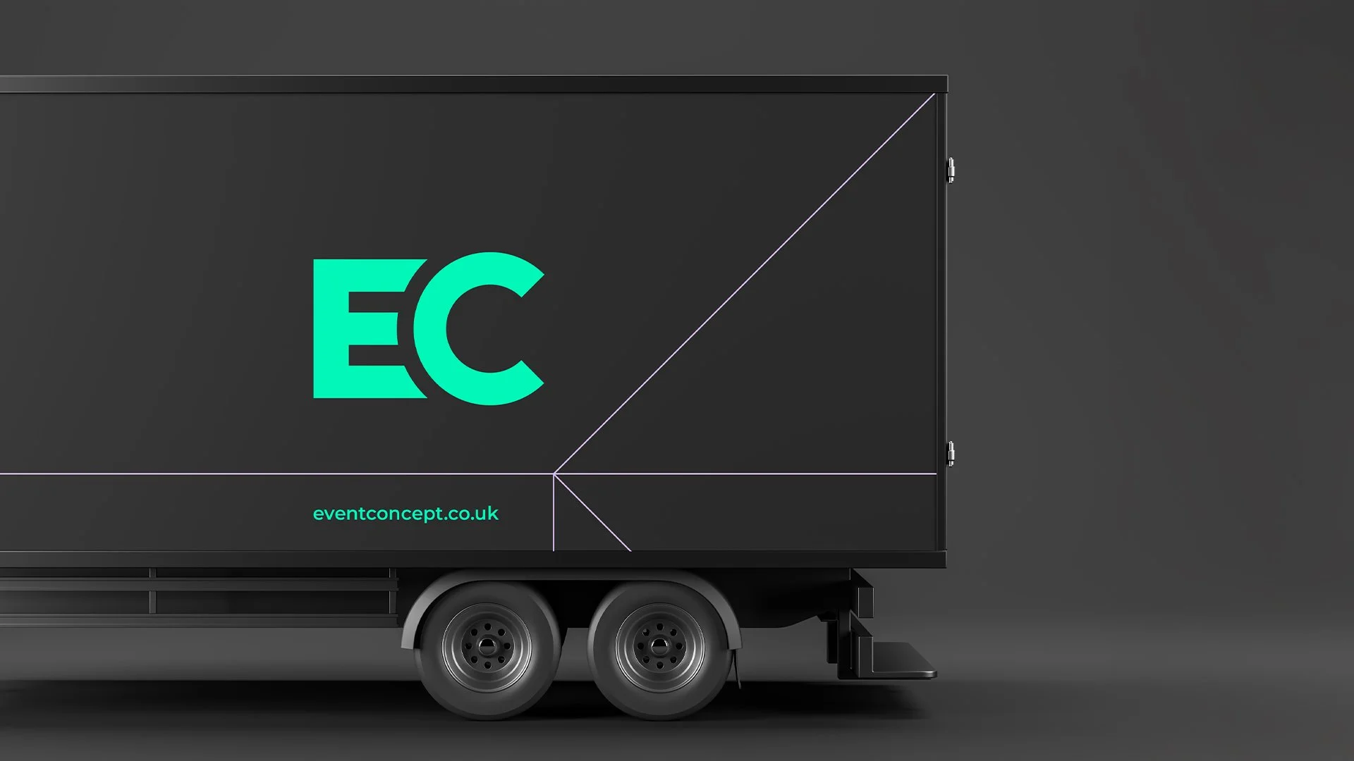 A black mobile billboard with the letters "EC" in large teal font and the website address "eventconcept.co.uk" below it, against a dark gray background.
