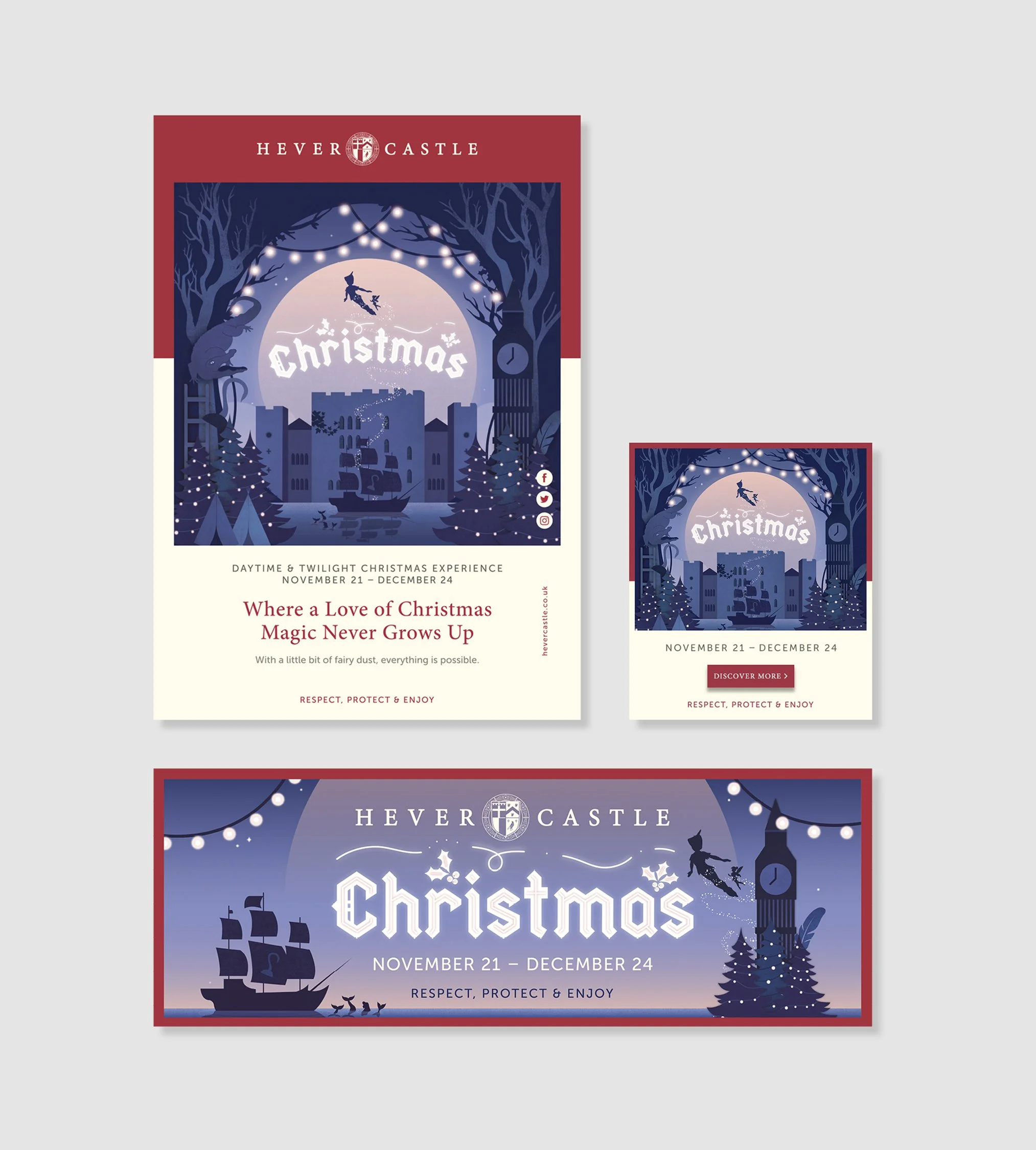 Flyer for a Christmas event at Hever Castle from November 21 to December 24, featuring a night scene with a ship, castle, and trees, with festive lights and a fairy tale theme.