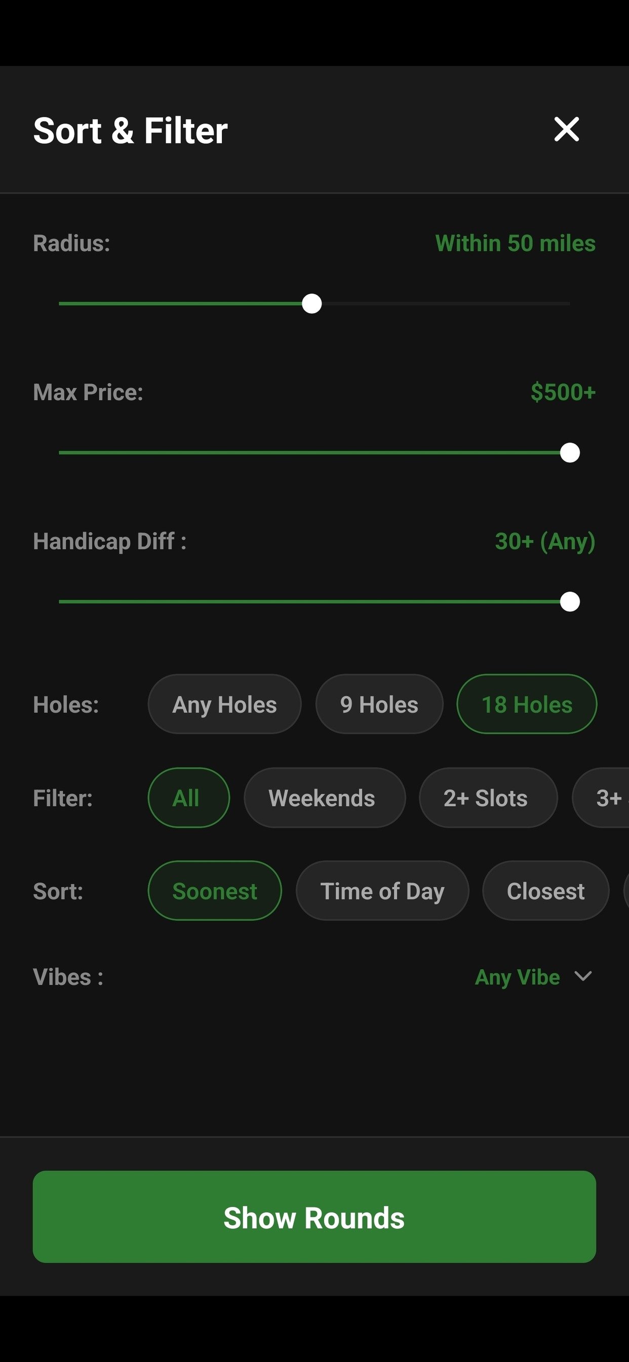 Screenshots of a golf tee time booking app with filters for radius, price, handicap, holes, and other options, and a prominent green 'Show Rounds' button.