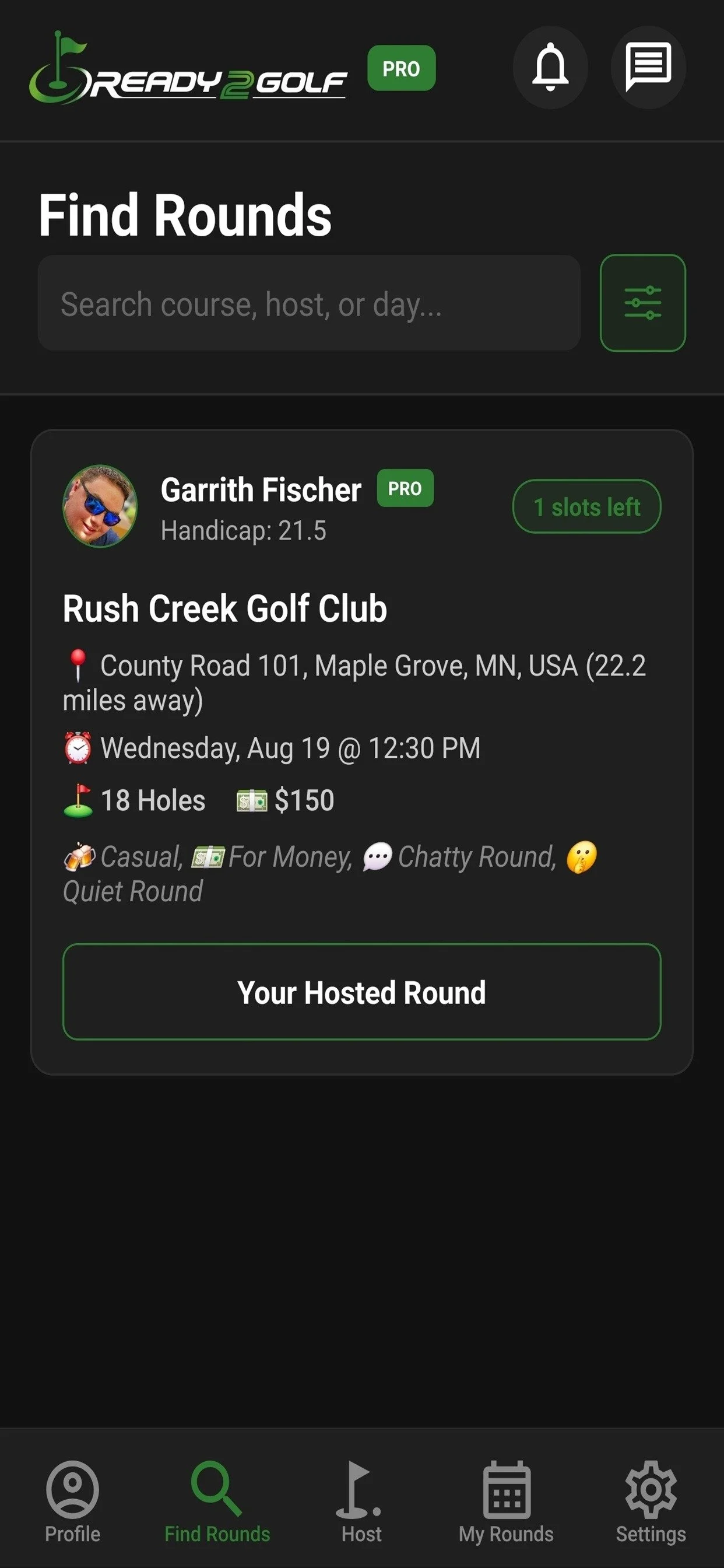 Golf app screen showing upcoming round details at Rush Creek Golf Club, including date, time, location, handicap, number of holes, cost, and round type.