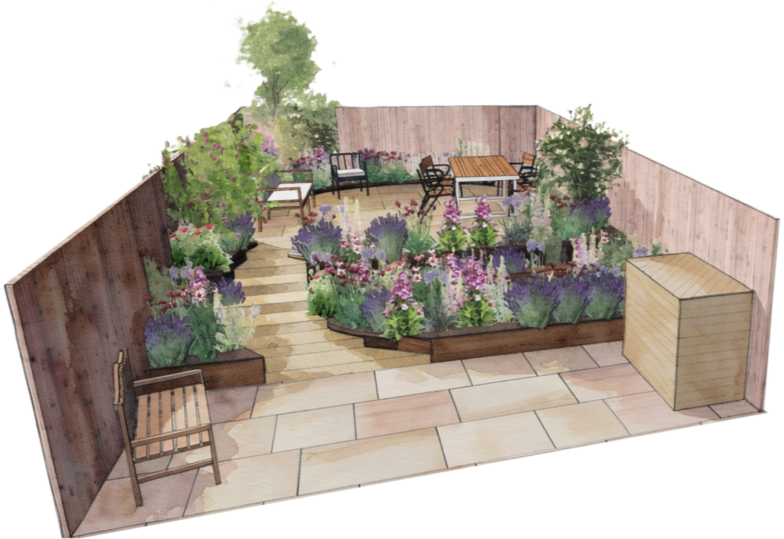 3D render of an outdoor garden patio with wooden fencing, benches, tables, and lush flower beds with purple and pink flowers.